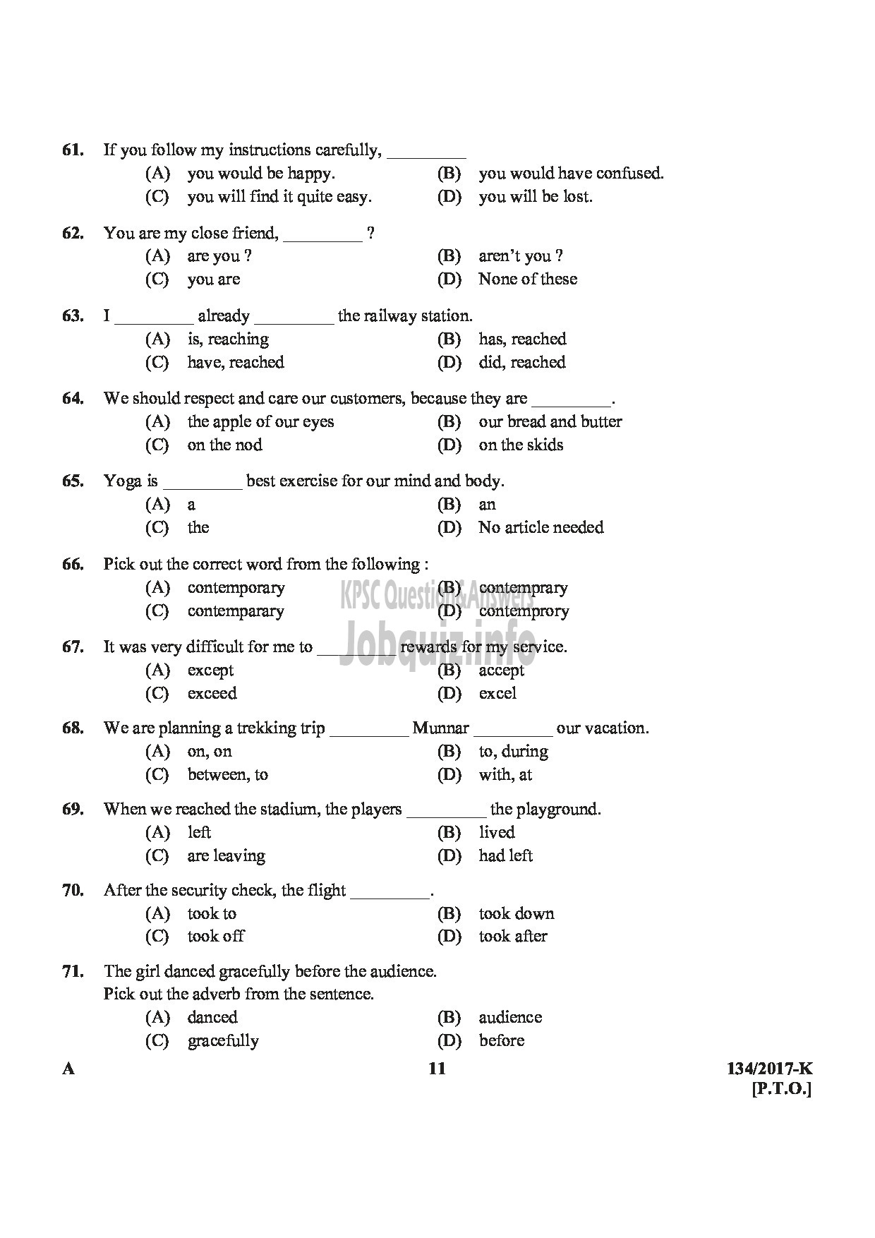 Kerala PSC Question Paper - VILLAGE FIELD ASSISTANT REVENUE THIRUVANANTHAPURAM PATHANAMTHITTA IDUKKI PALAKKAD KOZHIKODE KANNADA-11