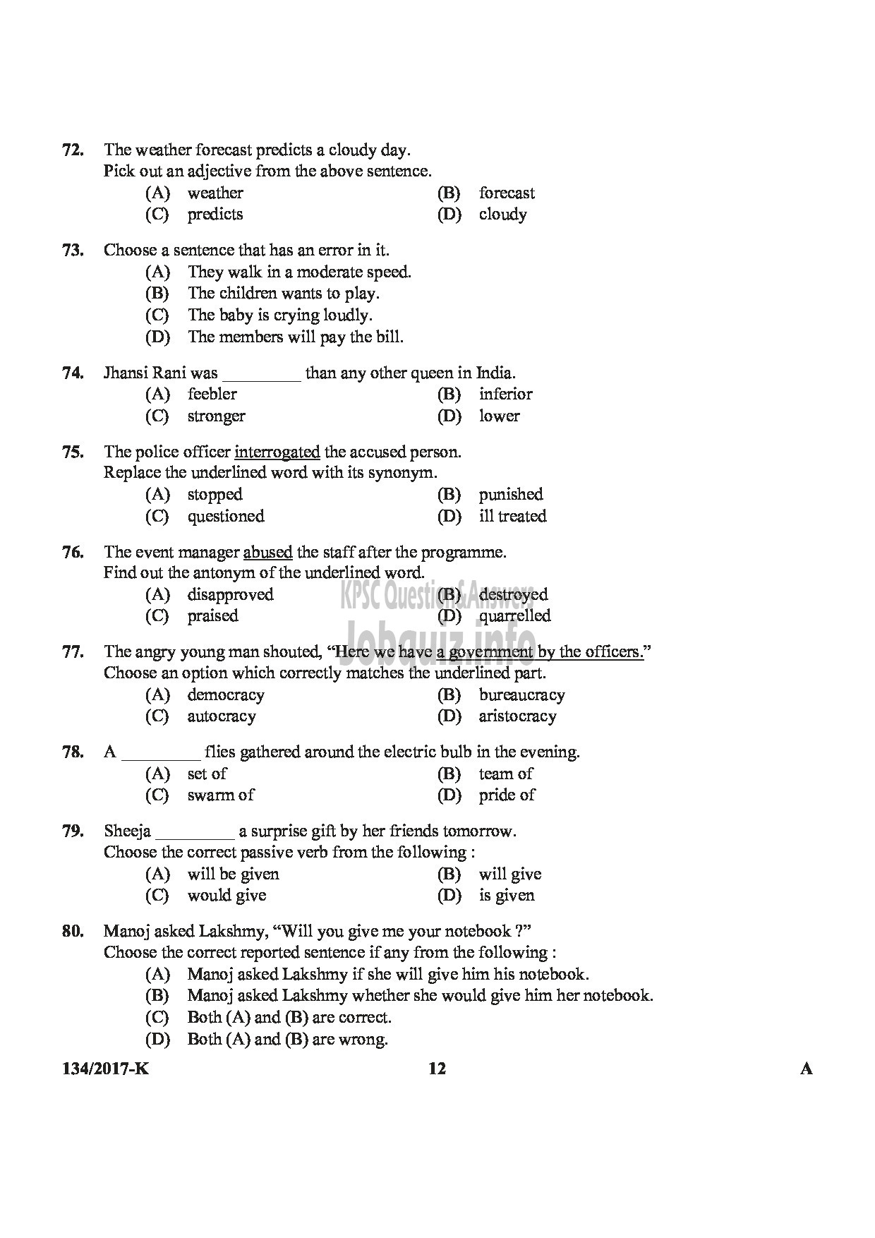 Kerala PSC Question Paper - VILLAGE FIELD ASSISTANT REVENUE THIRUVANANTHAPURAM PATHANAMTHITTA IDUKKI PALAKKAD KOZHIKODE KANNADA-12