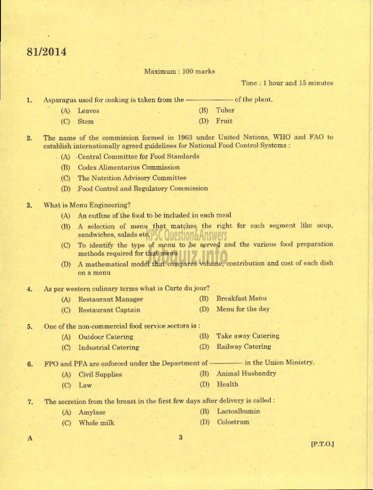 Kerala PSC Question Paper - VOCATIONAL INSTRUCTOR CATERING AND RESTAURANT MANAGEMENT KVHSE-1