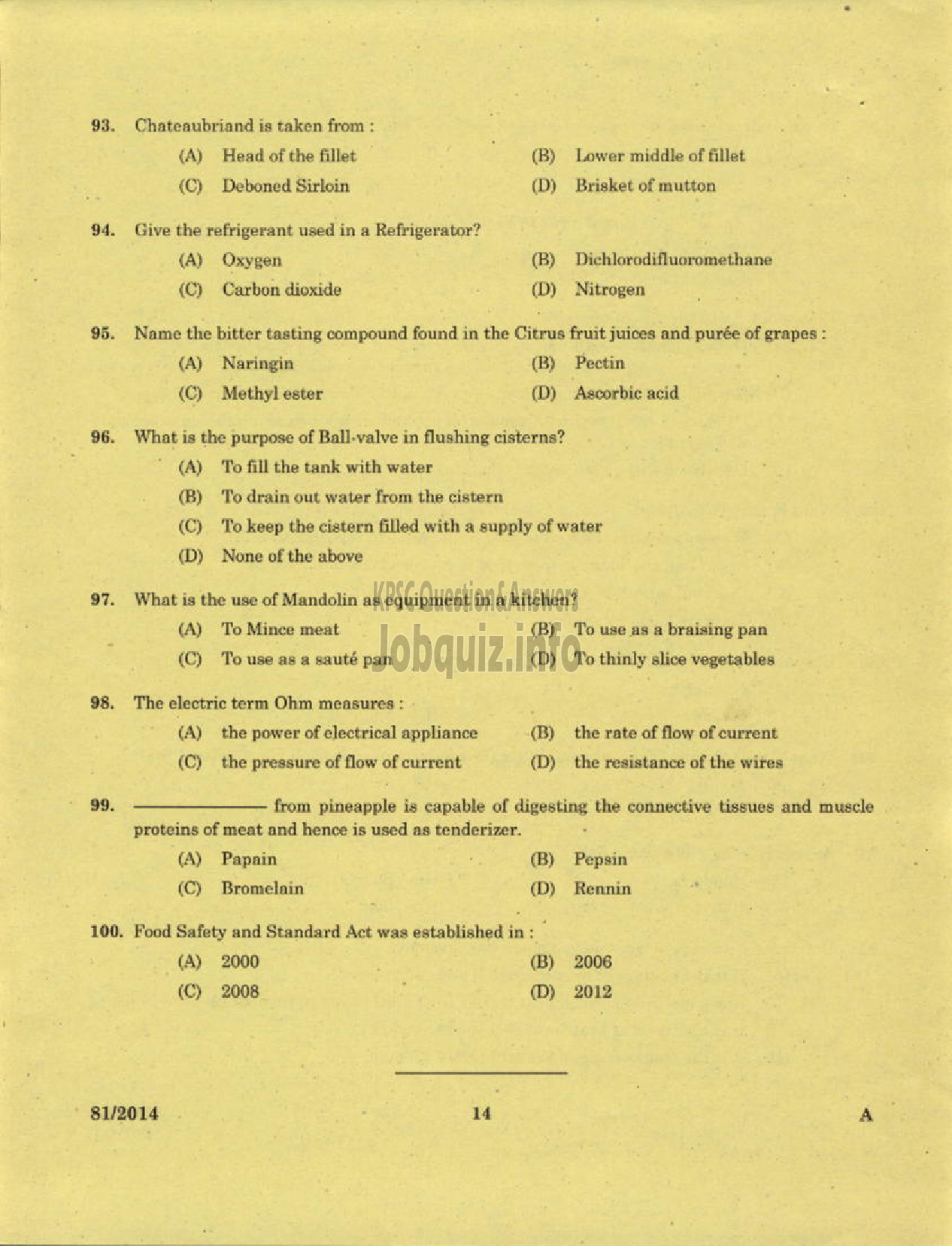 Kerala PSC Question Paper - VOCATIONAL INSTRUCTOR CATERING AND RESTAURANT MANAGEMENT KVHSE-12