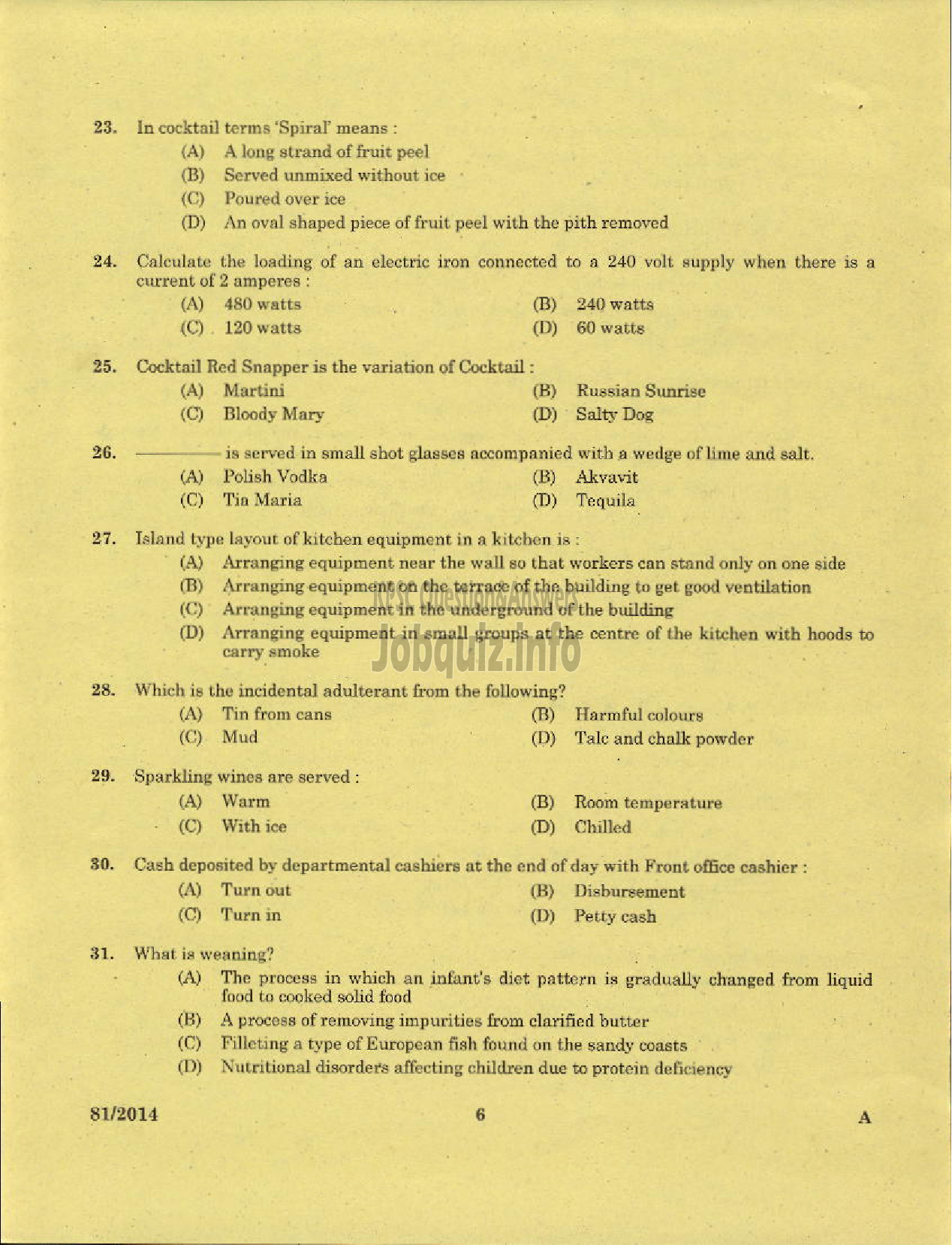 Kerala PSC Question Paper - VOCATIONAL INSTRUCTOR CATERING AND RESTAURANT MANAGEMENT KVHSE-4