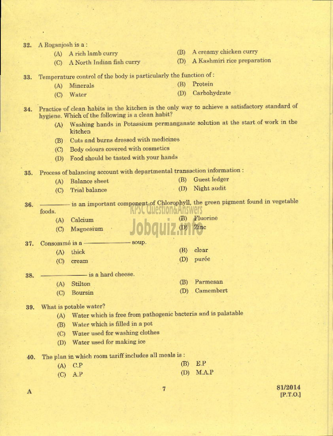 Kerala PSC Question Paper - VOCATIONAL INSTRUCTOR CATERING AND RESTAURANT MANAGEMENT KVHSE-5