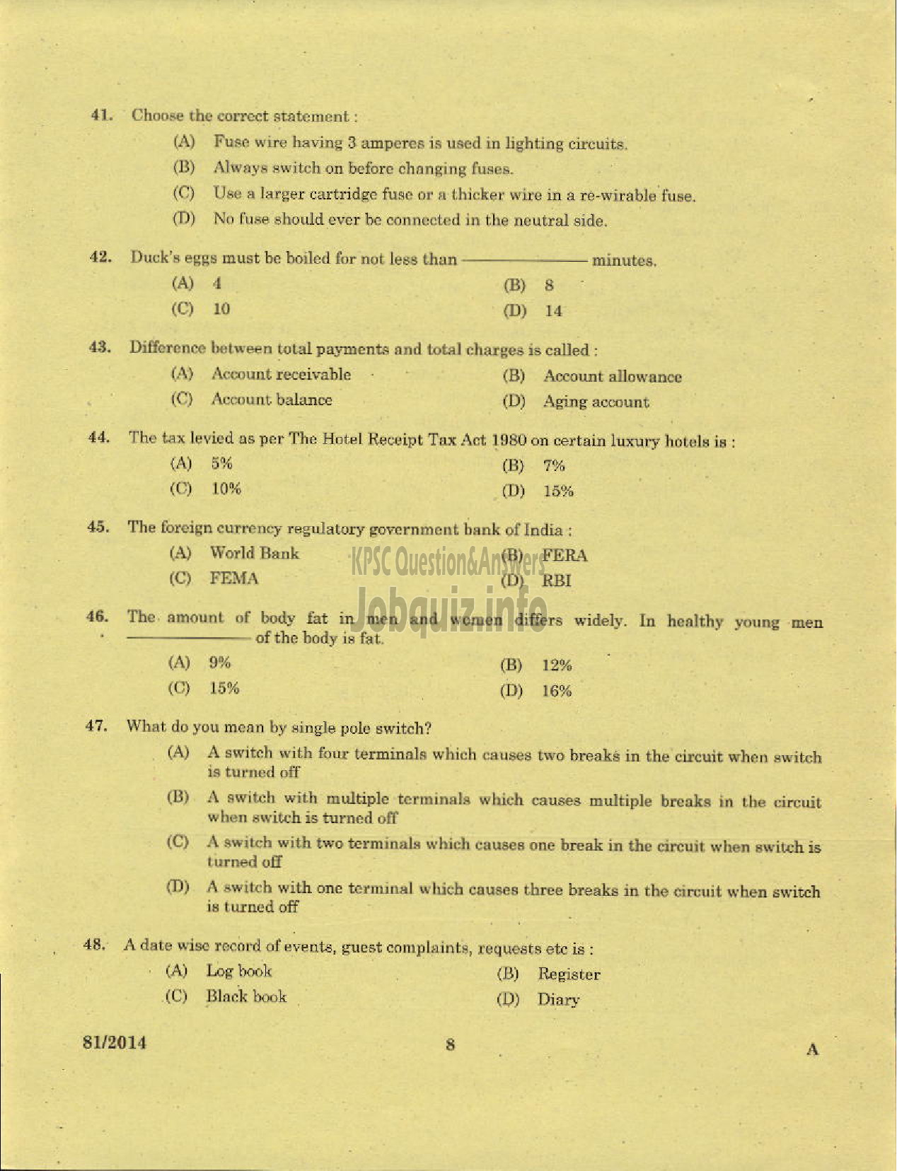 Kerala PSC Question Paper - VOCATIONAL INSTRUCTOR CATERING AND RESTAURANT MANAGEMENT KVHSE-6