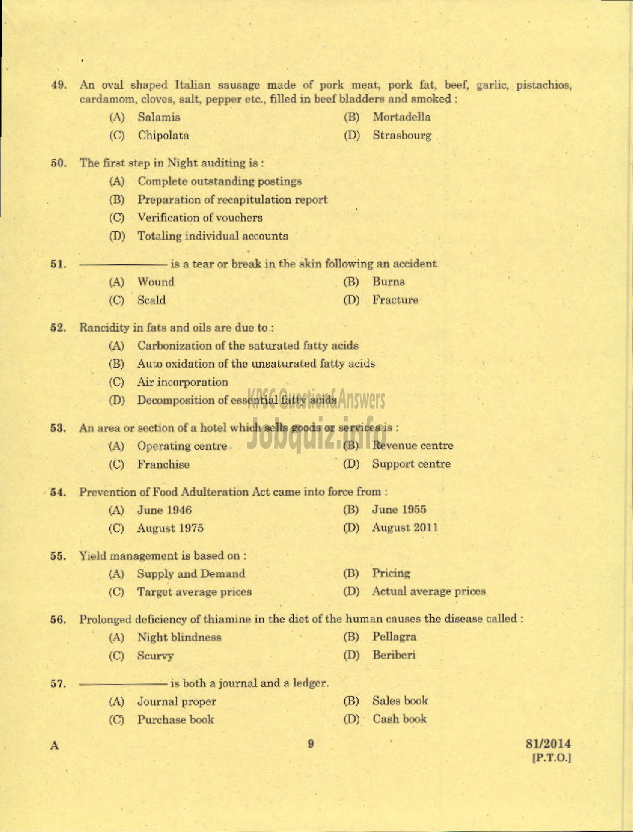 Kerala PSC Question Paper - VOCATIONAL INSTRUCTOR CATERING AND RESTAURANT MANAGEMENT KVHSE-7