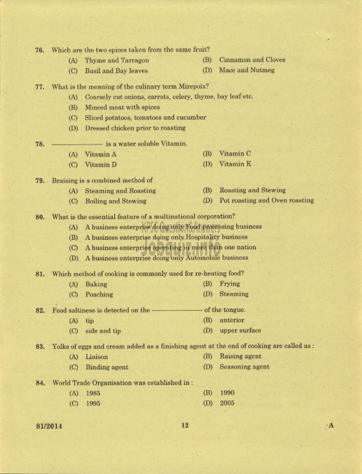 Kerala PSC Question Paper - VOCATIONAL INSTRUCTOR CATERING AND RESTAURANT MANAGEMENT KVHSE-10