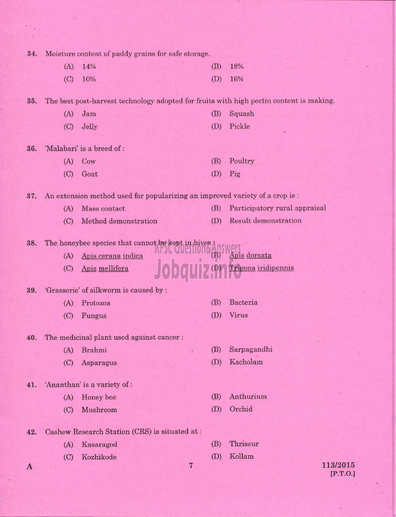 Kerala PSC Question Paper - VOCATIONAL INSTRUCTOR IN AGRICULTURE VHSE-5