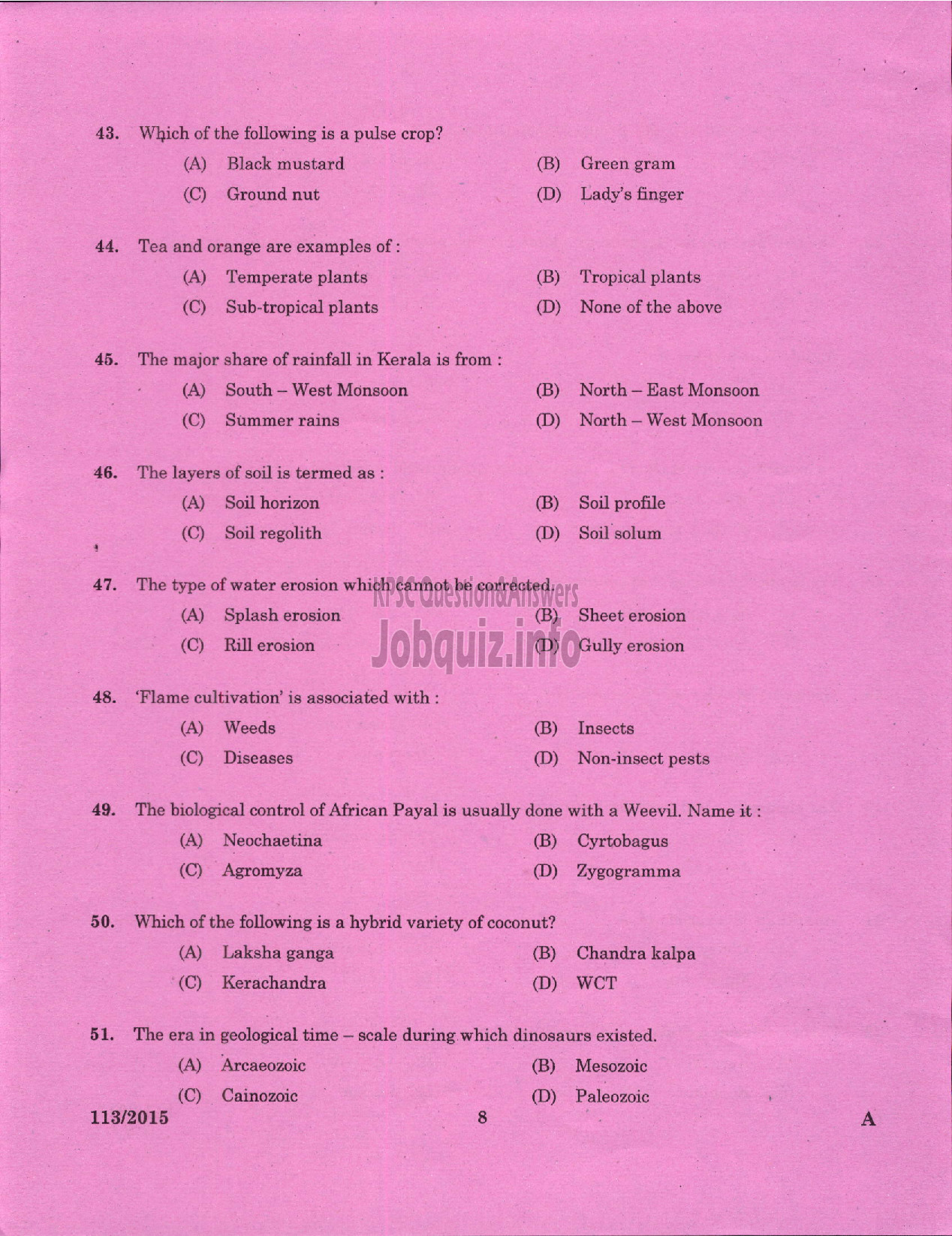 Kerala PSC Question Paper - VOCATIONAL INSTRUCTOR IN AGRICULTURE VHSE-6