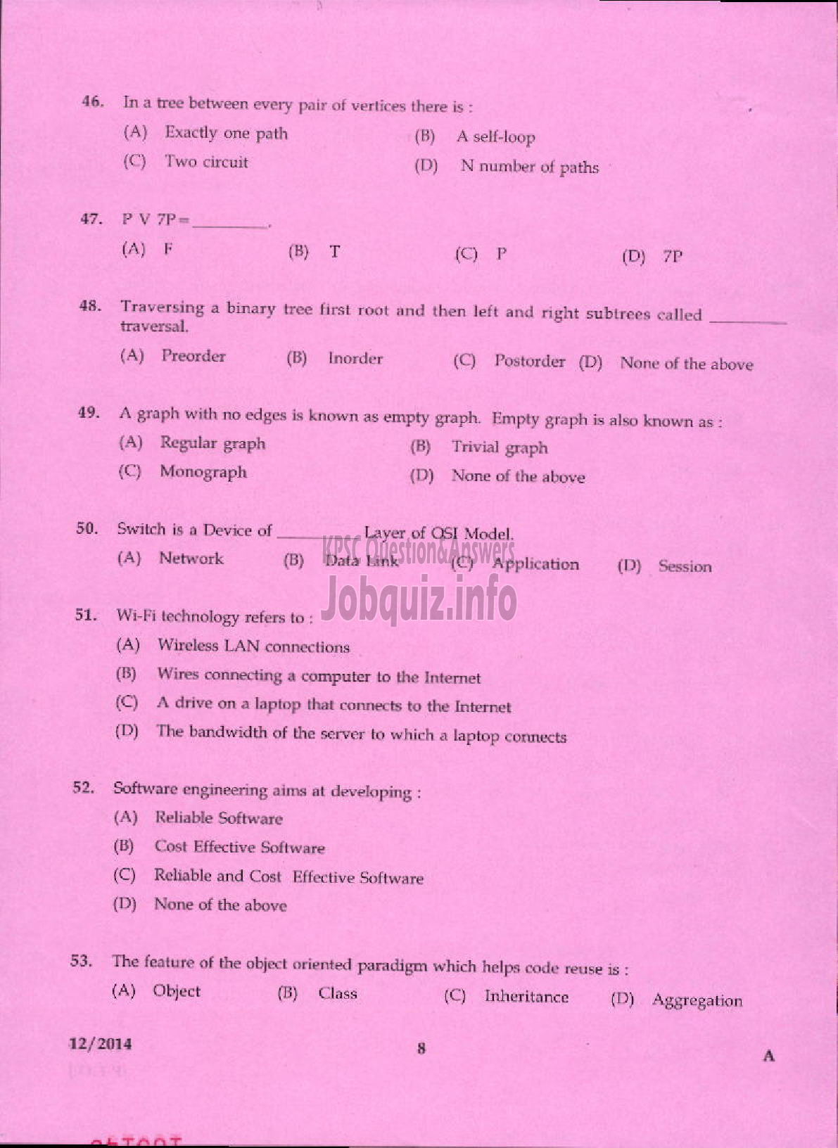 Kerala PSC Question Paper - VOCATIONAL INSTRUCTOR IN COMPUTER APPLICATION VHSE-6