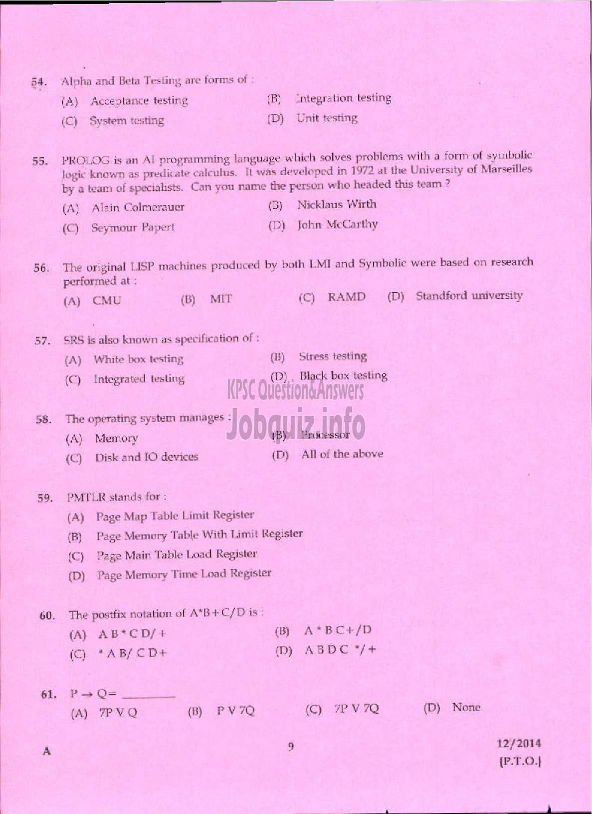 Kerala PSC Question Paper - VOCATIONAL INSTRUCTOR IN COMPUTER APPLICATION VHSE-7