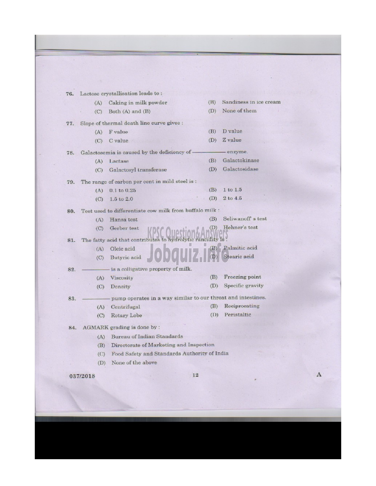 Kerala PSC Question Paper - VOCATIONAL INSTRUCTOR IN DAIRYING MILK PRODUCTS VHSE-11