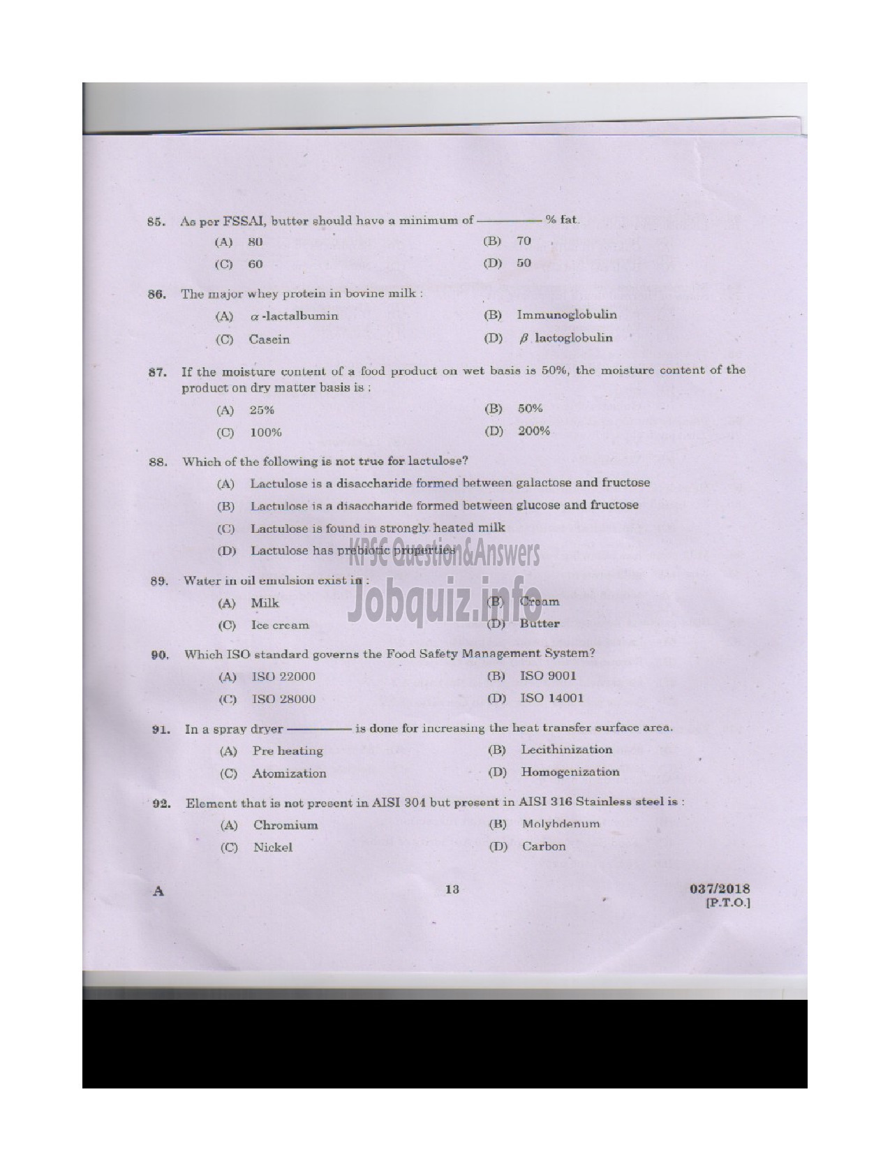 Kerala PSC Question Paper - VOCATIONAL INSTRUCTOR IN DAIRYING MILK PRODUCTS VHSE-12