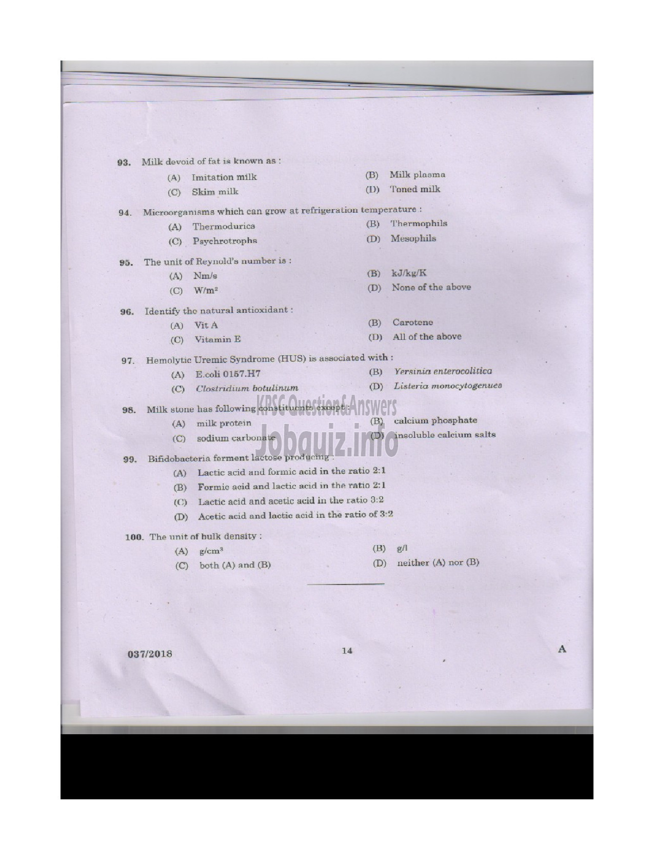 Kerala PSC Question Paper - VOCATIONAL INSTRUCTOR IN DAIRYING MILK PRODUCTS VHSE-13