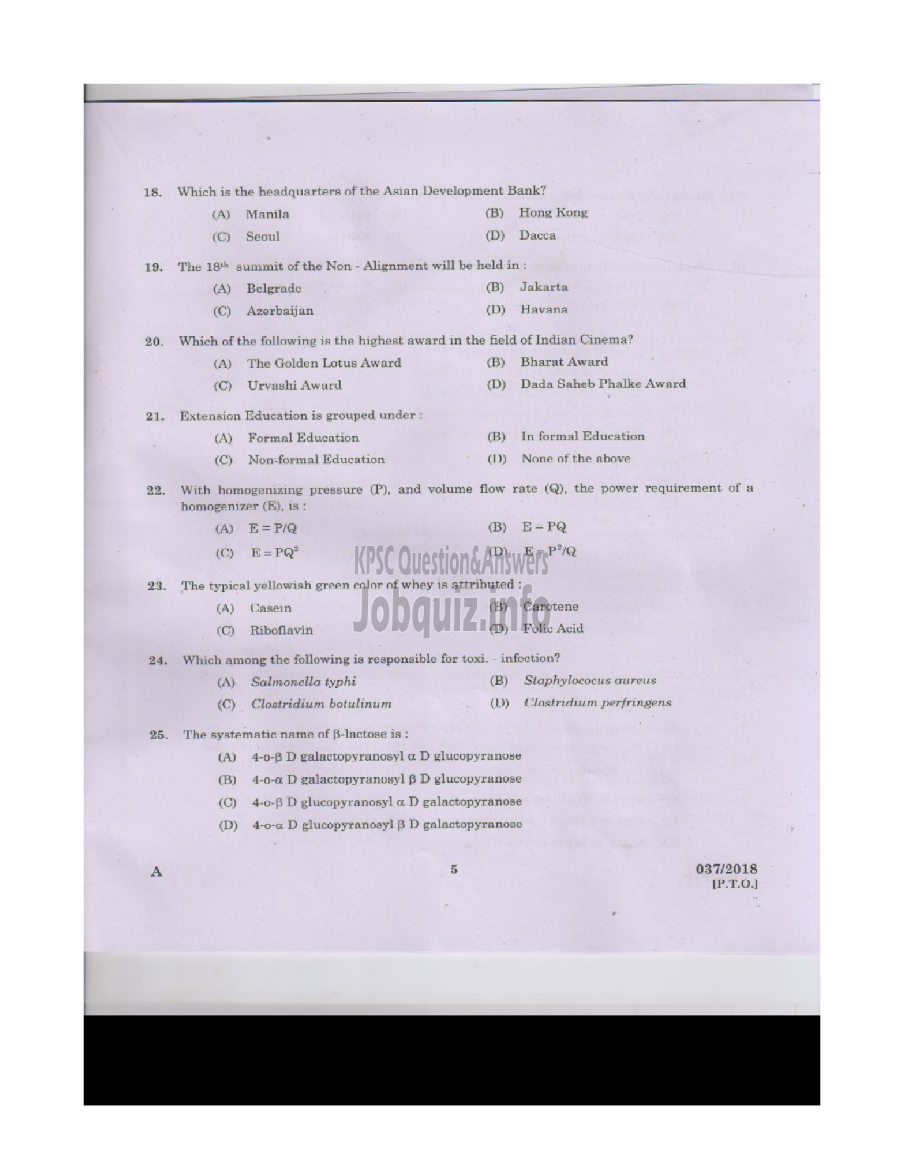 Kerala PSC Question Paper - VOCATIONAL INSTRUCTOR IN DAIRYING MILK PRODUCTS VHSE-4