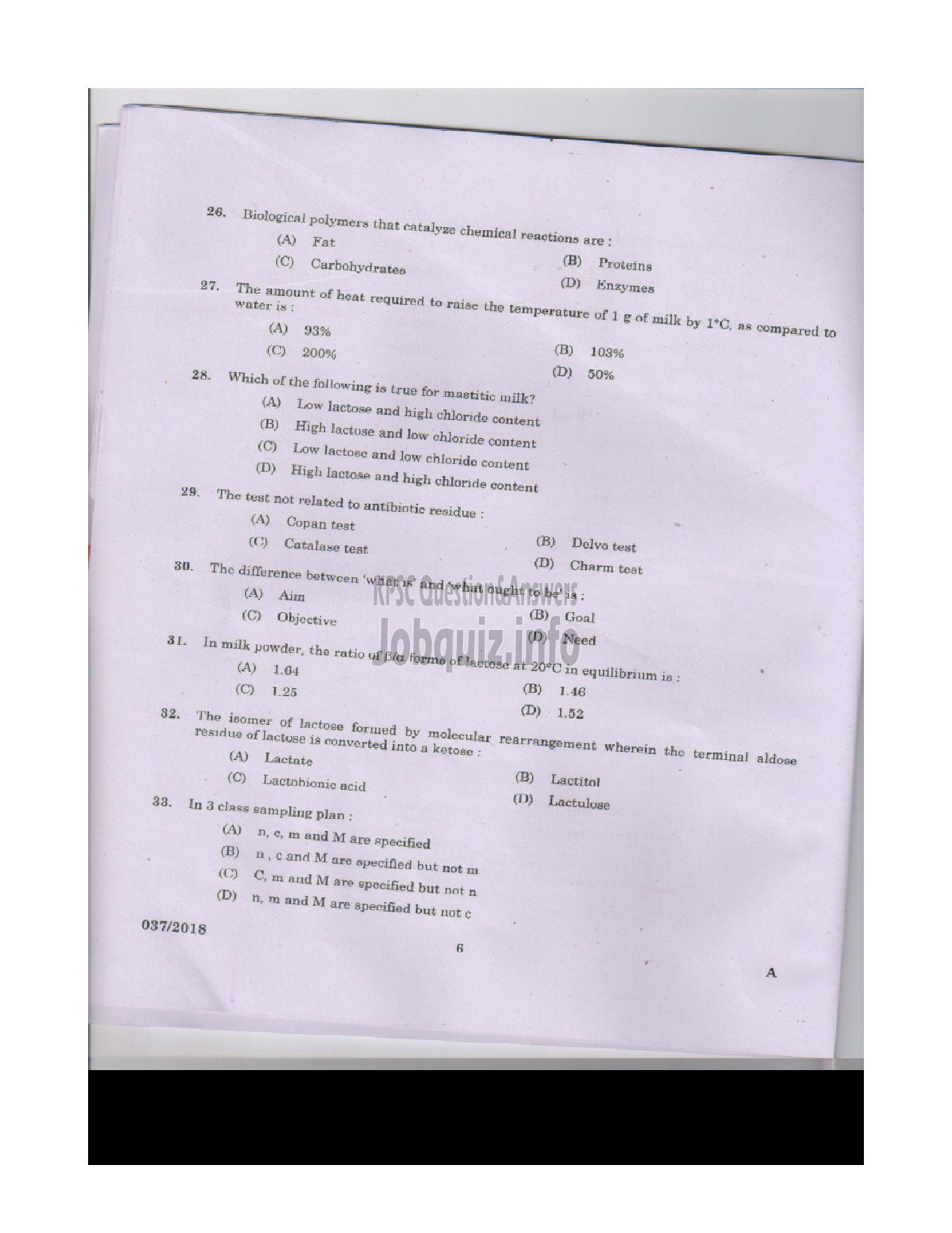 Kerala PSC Question Paper - VOCATIONAL INSTRUCTOR IN DAIRYING MILK PRODUCTS VHSE-5