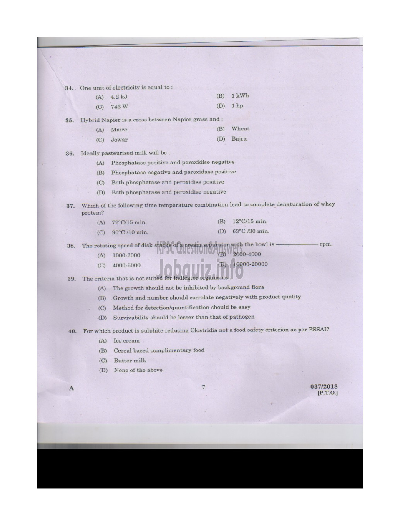 Kerala PSC Question Paper - VOCATIONAL INSTRUCTOR IN DAIRYING MILK PRODUCTS VHSE-6