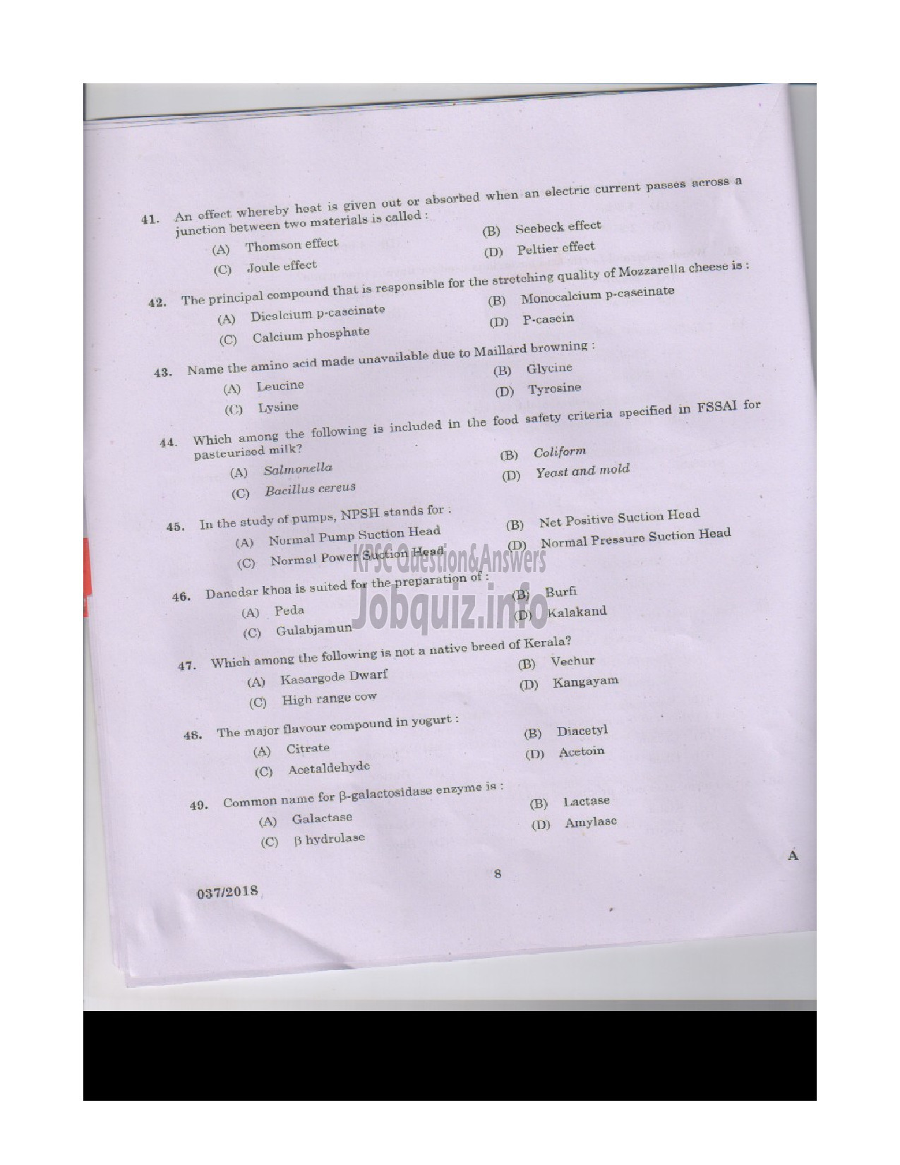 Kerala PSC Question Paper - VOCATIONAL INSTRUCTOR IN DAIRYING MILK PRODUCTS VHSE-7