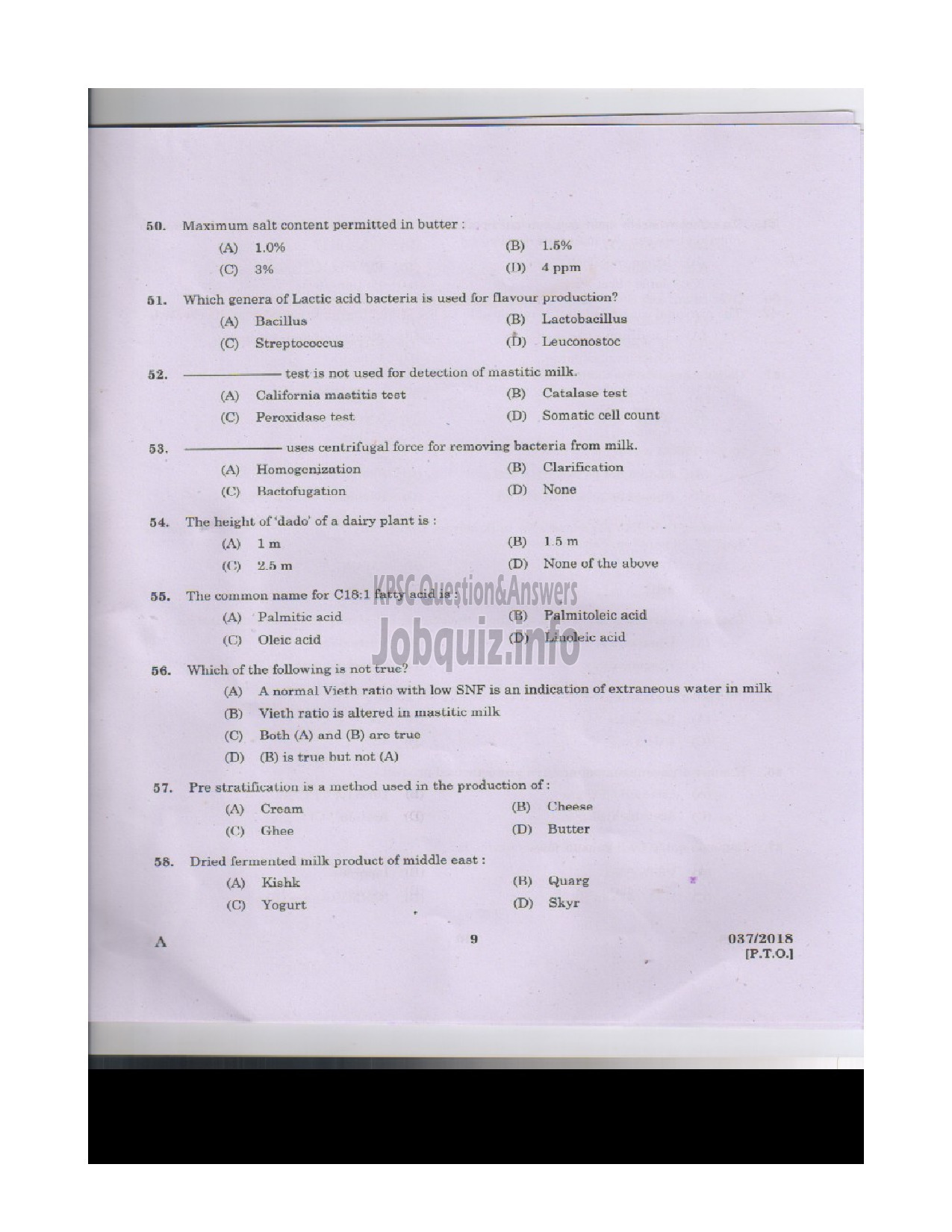 Kerala PSC Question Paper - VOCATIONAL INSTRUCTOR IN DAIRYING MILK PRODUCTS VHSE-8