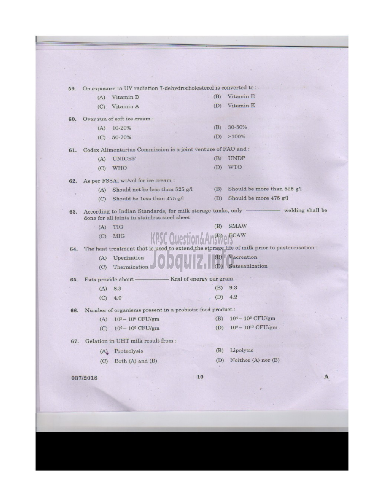 Kerala PSC Question Paper - VOCATIONAL INSTRUCTOR IN DAIRYING MILK PRODUCTS VHSE-9