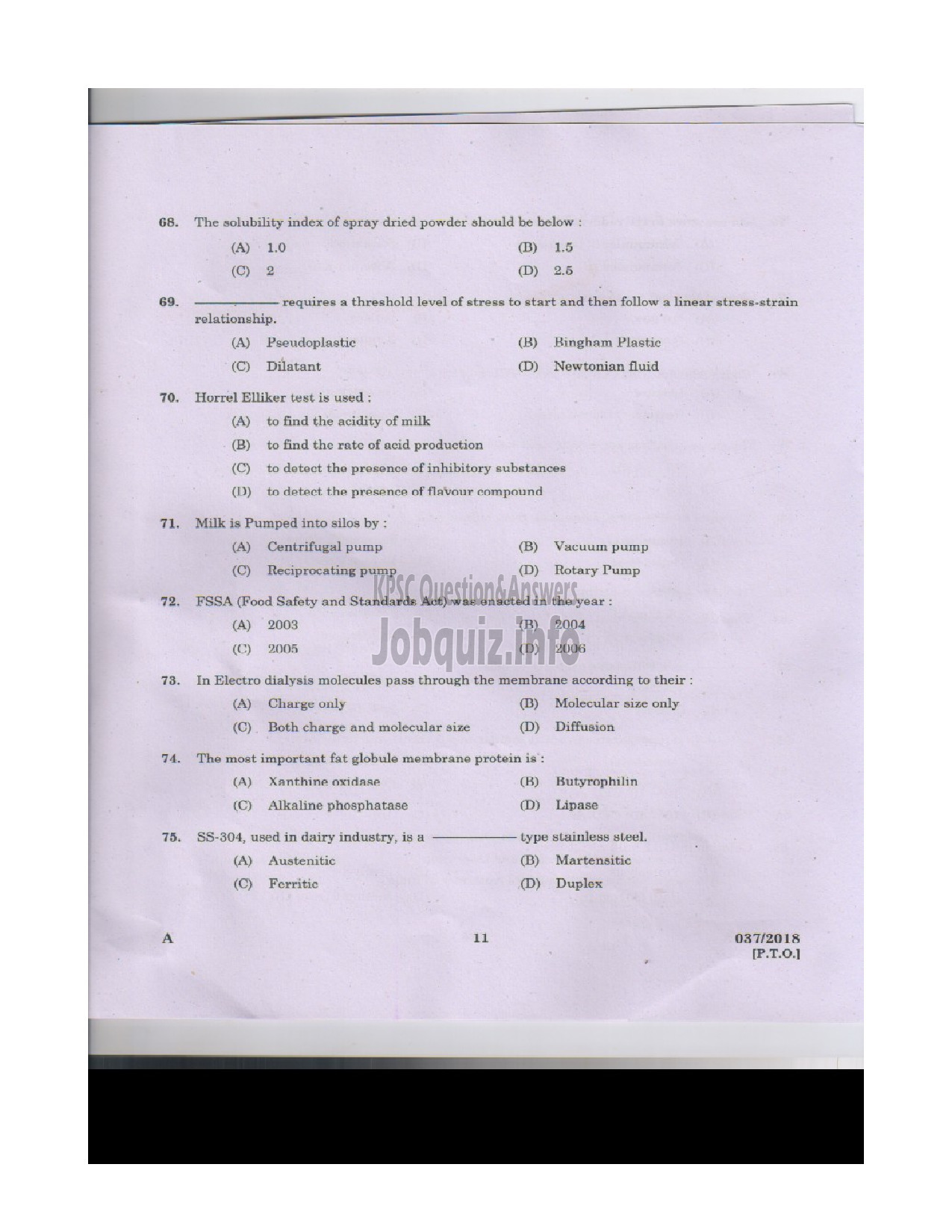 Kerala PSC Question Paper - VOCATIONAL INSTRUCTOR IN DAIRYING MILK PRODUCTS VHSE-10
