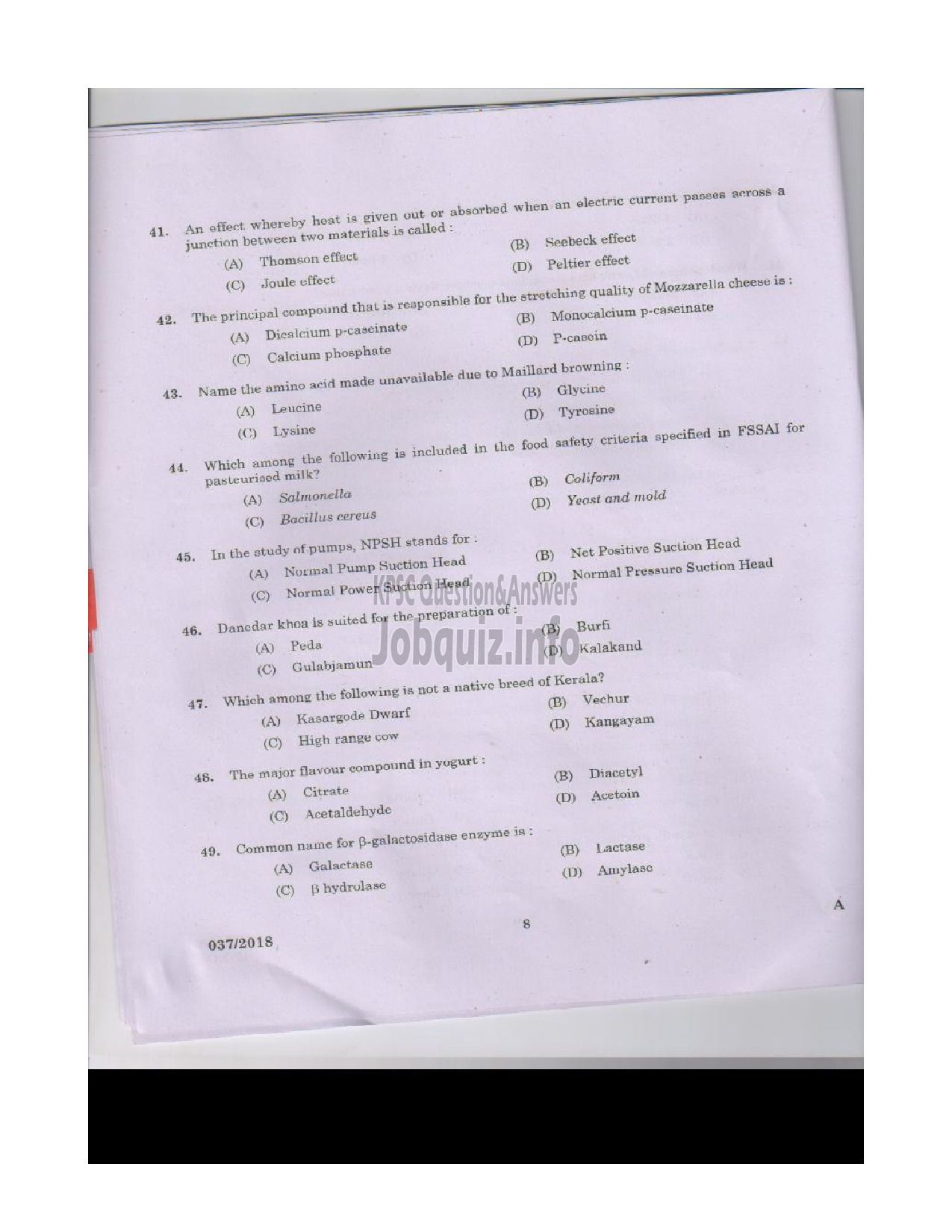 Kerala PSC Question Paper - VOCATIONAL INSTRUCTOR IN DAIRYING MILK PRODUCTS VOCATIONAL HIGHER SECONDARY EDUCATION-7