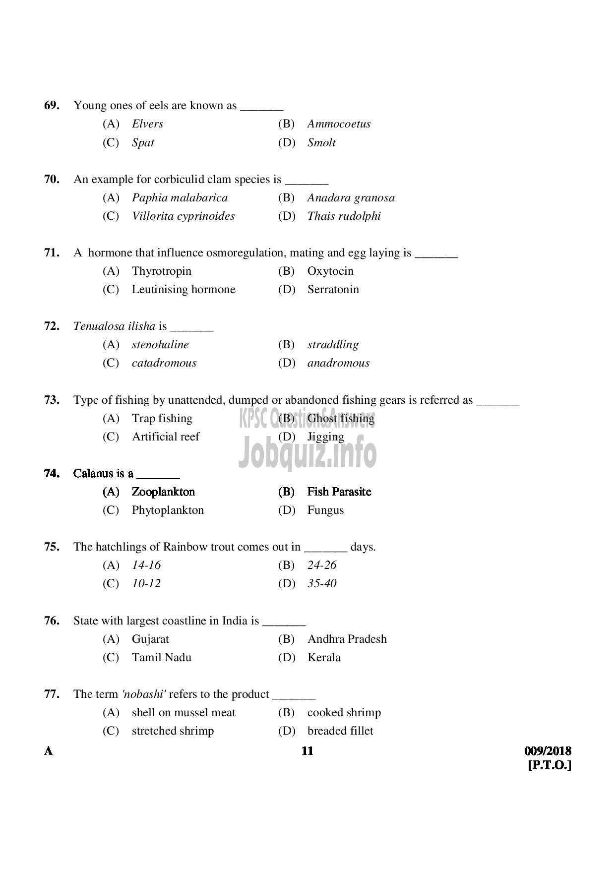 Kerala PSC Question Paper - VOCATIONAL INSTRUCTOR IN FISHERIES VOCATIONAL HIGHER SECONDARY EDUCATION-11