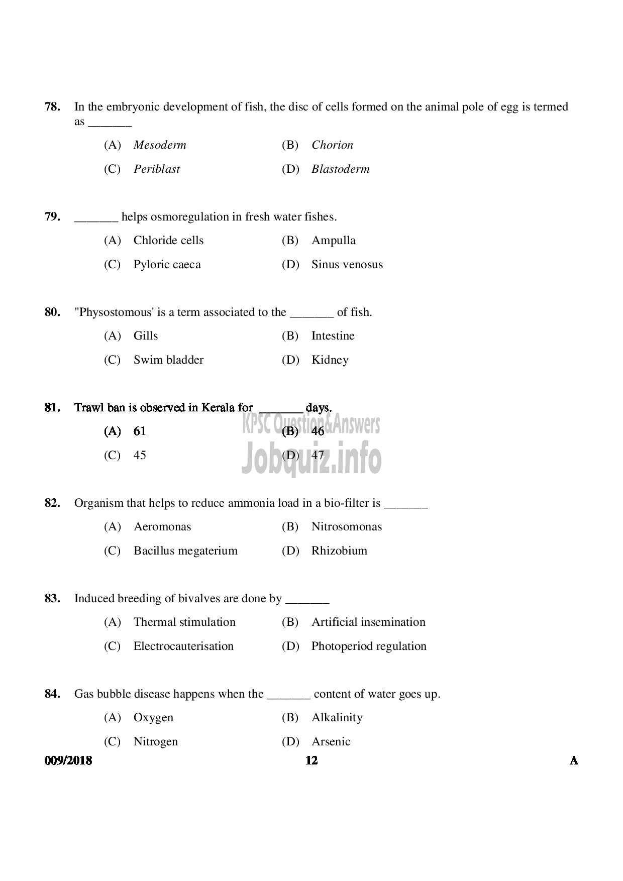 Kerala PSC Question Paper - VOCATIONAL INSTRUCTOR IN FISHERIES VOCATIONAL HIGHER SECONDARY EDUCATION-12