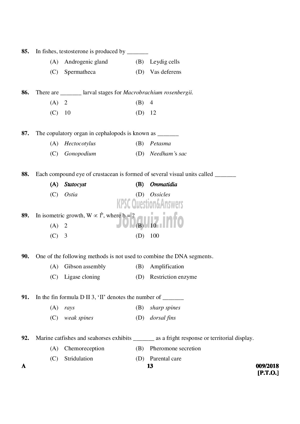 Kerala PSC Question Paper - VOCATIONAL INSTRUCTOR IN FISHERIES VOCATIONAL HIGHER SECONDARY EDUCATION-13