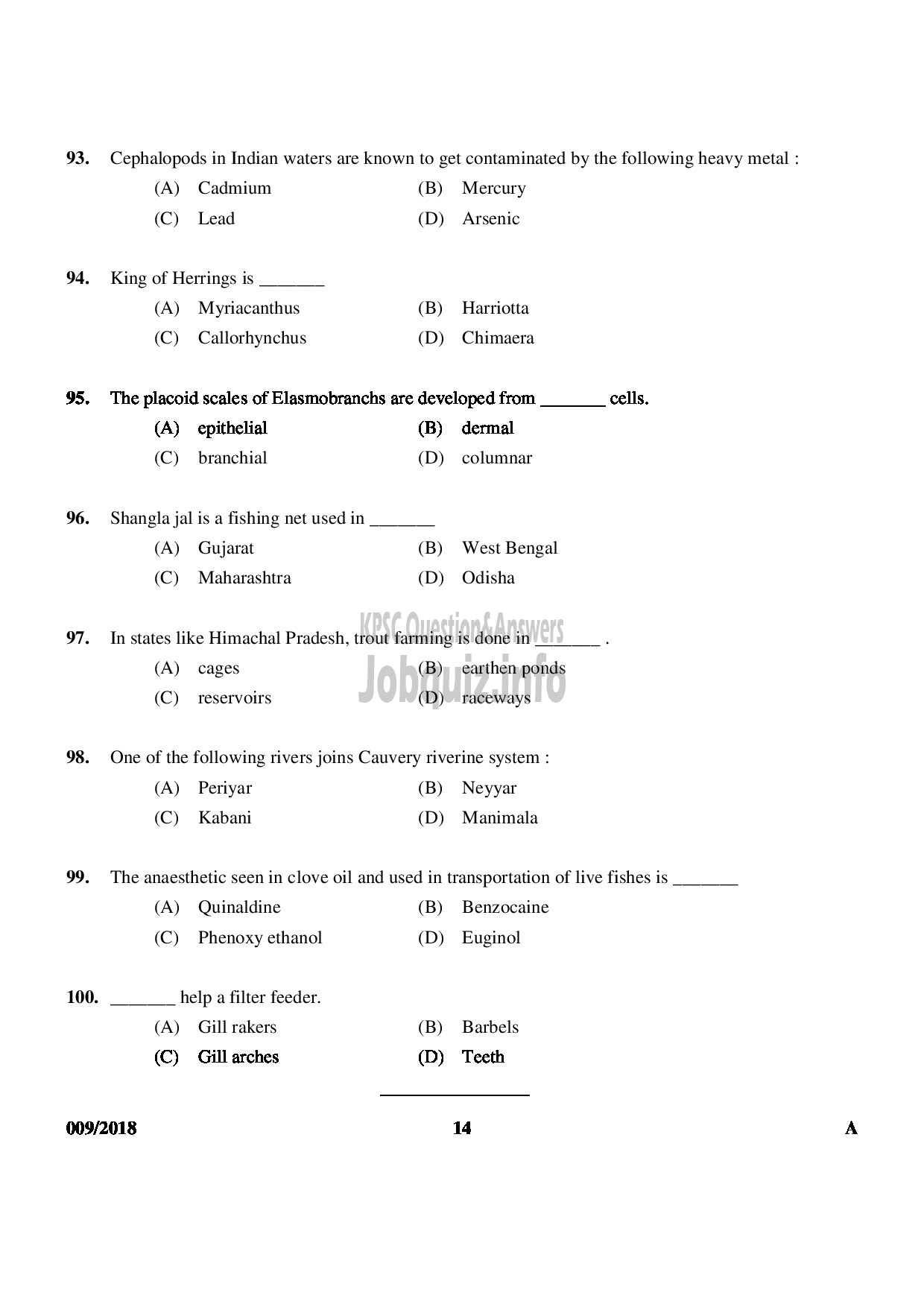 Kerala PSC Question Paper - VOCATIONAL INSTRUCTOR IN FISHERIES VOCATIONAL HIGHER SECONDARY EDUCATION-14