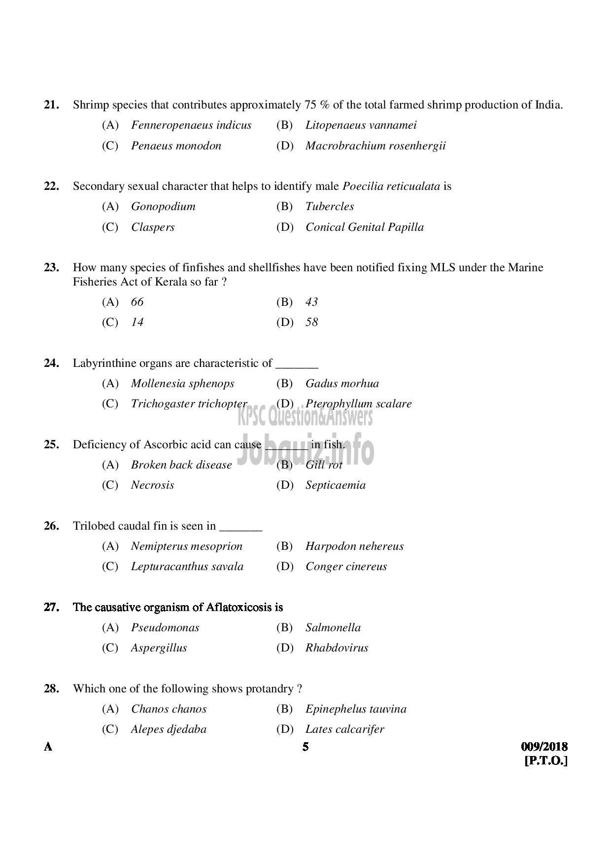 Kerala PSC Question Paper - VOCATIONAL INSTRUCTOR IN FISHERIES VOCATIONAL HIGHER SECONDARY EDUCATION-5
