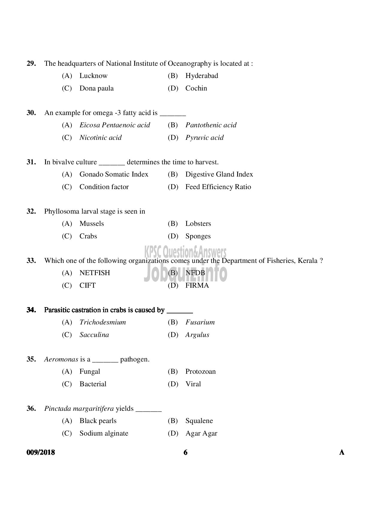 Kerala PSC Question Paper - VOCATIONAL INSTRUCTOR IN FISHERIES VOCATIONAL HIGHER SECONDARY EDUCATION-6