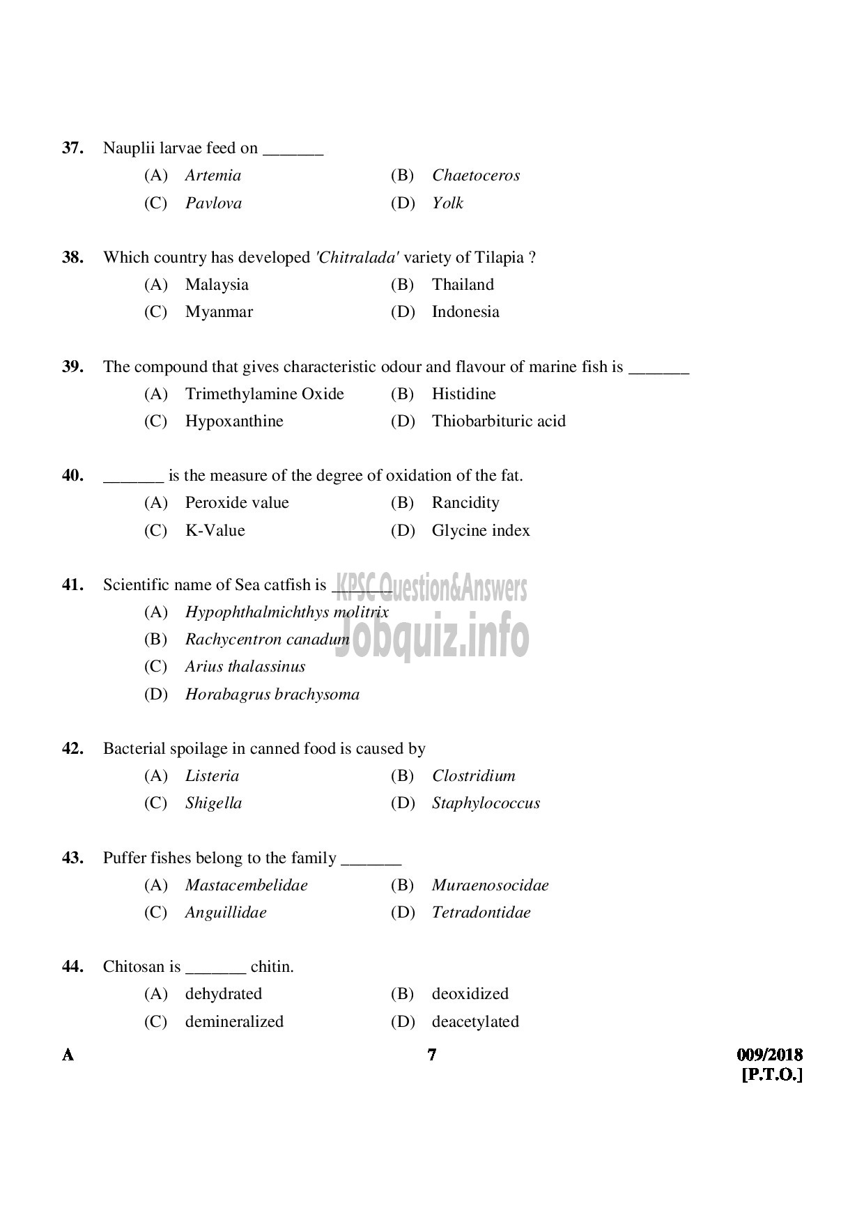 Kerala PSC Question Paper - VOCATIONAL INSTRUCTOR IN FISHERIES VOCATIONAL HIGHER SECONDARY EDUCATION-7