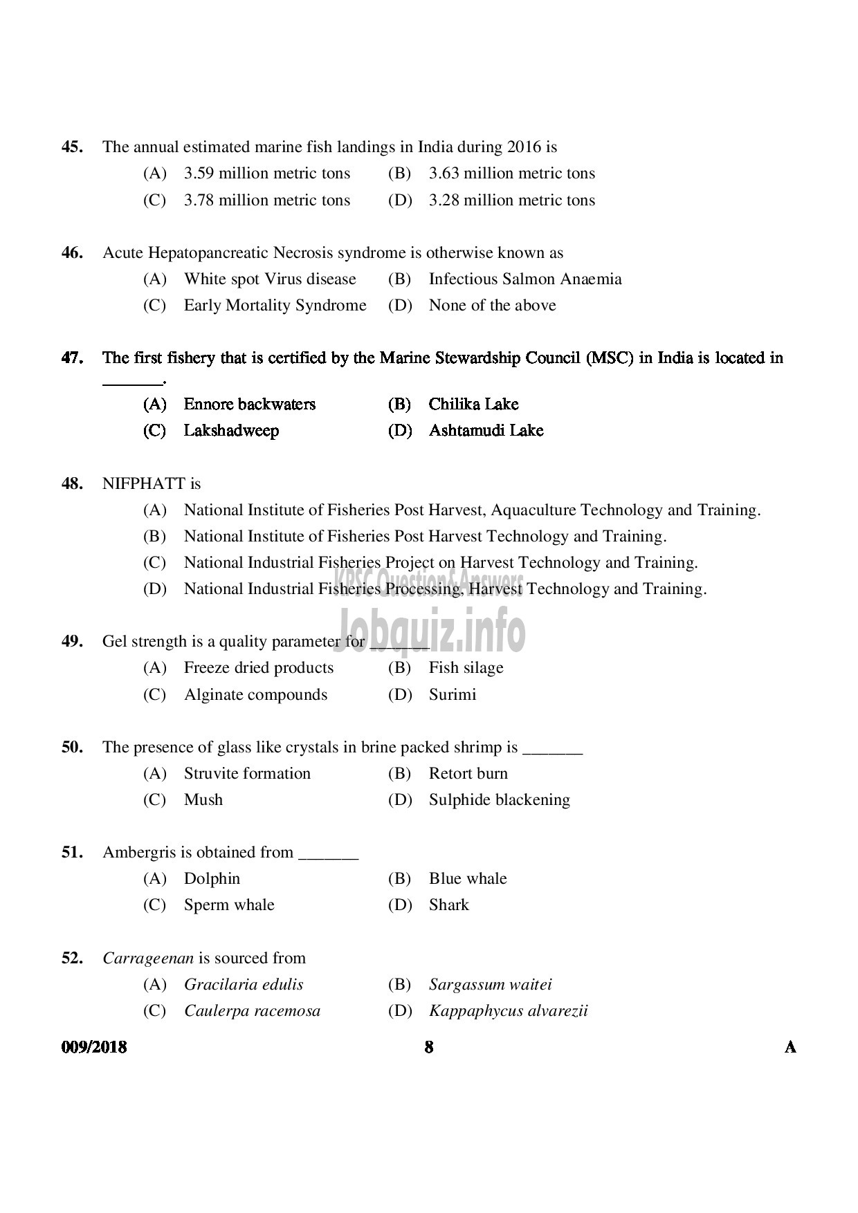 Kerala PSC Question Paper - VOCATIONAL INSTRUCTOR IN FISHERIES VOCATIONAL HIGHER SECONDARY EDUCATION-8