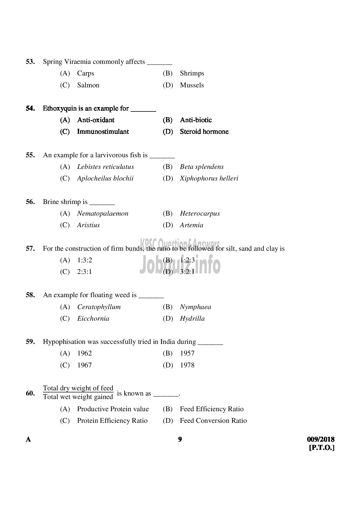 Kerala PSC Question Paper - VOCATIONAL INSTRUCTOR IN FISHERIES VOCATIONAL HIGHER SECONDARY EDUCATION-9