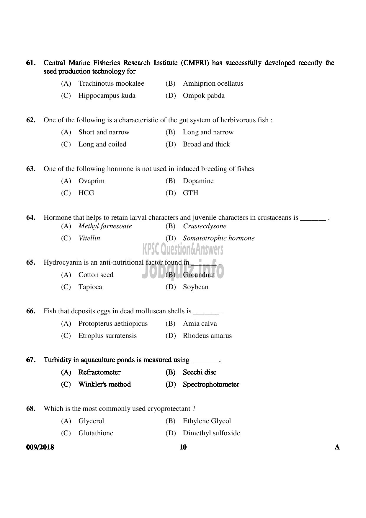 Kerala PSC Question Paper - VOCATIONAL INSTRUCTOR IN FISHERIES VOCATIONAL HIGHER SECONDARY EDUCATION-10