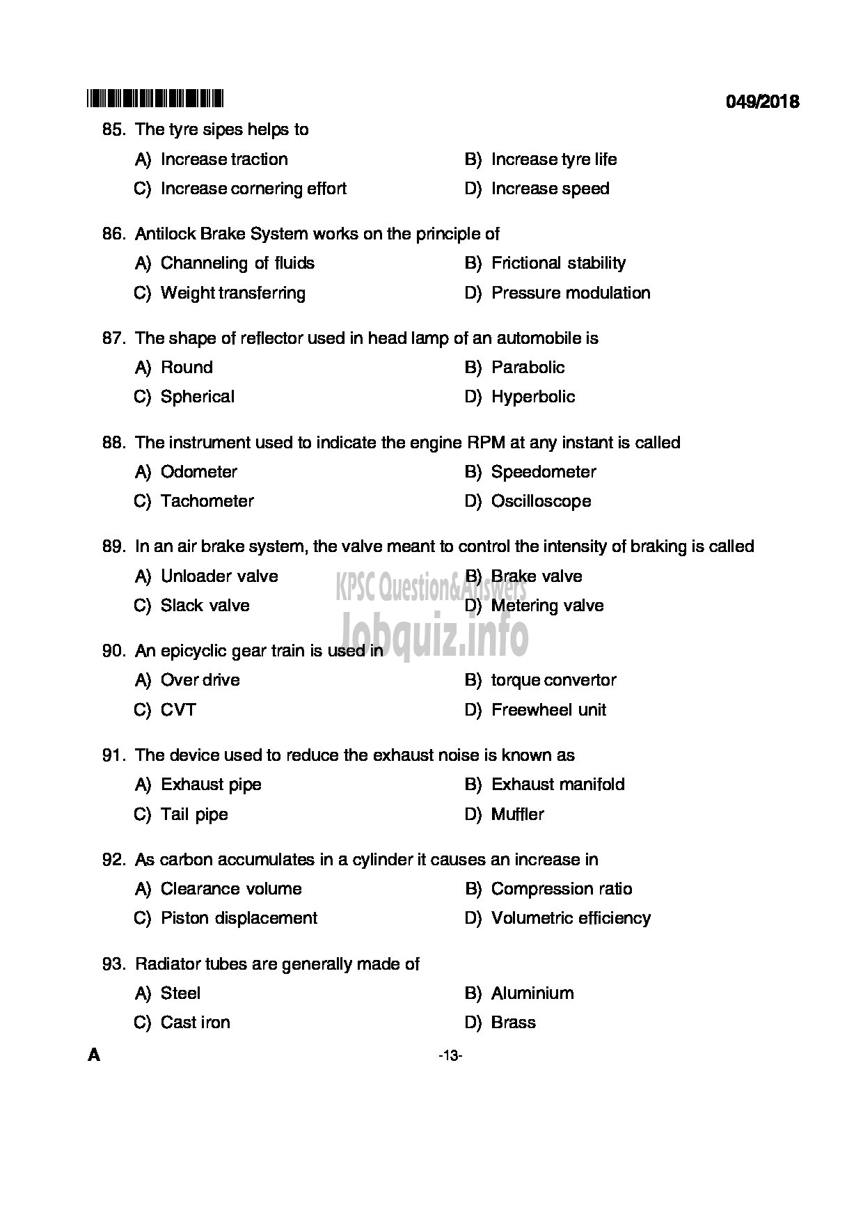 Kerala PSC Question Paper - VOCATIONAL INSTRUCTOR IN MAINTENANCE AND REPAIRS OF AUTOMOBILES VOCATIONAL HIGHER SECONDARY EDUCATION-13