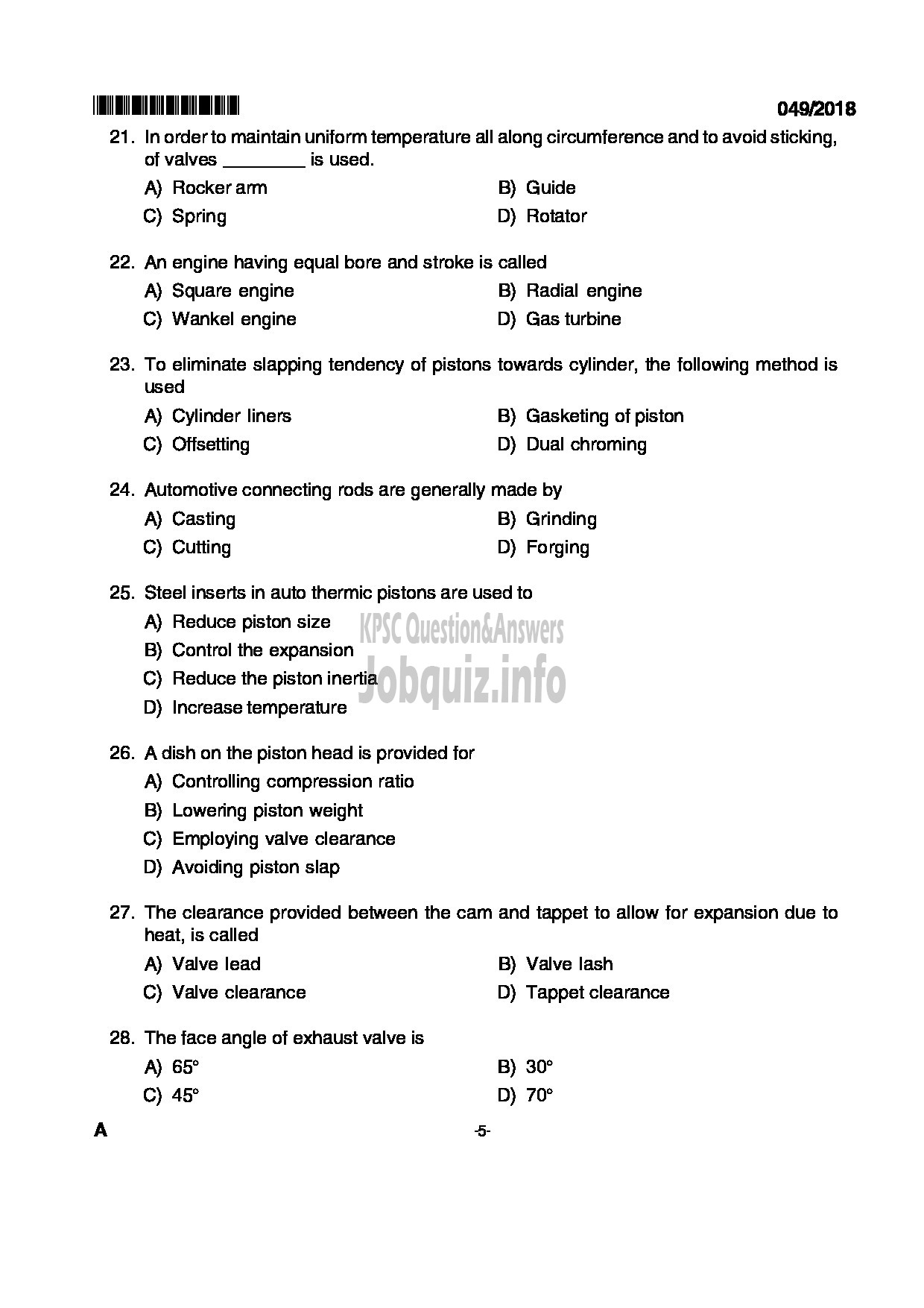 Kerala PSC Question Paper - VOCATIONAL INSTRUCTOR IN MAINTENANCE AND REPAIRS OF AUTOMOBILES VOCATIONAL HIGHER SECONDARY EDUCATION-5