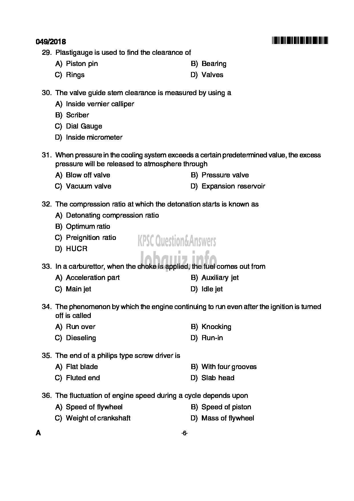 Kerala PSC Question Paper - VOCATIONAL INSTRUCTOR IN MAINTENANCE AND REPAIRS OF AUTOMOBILES VOCATIONAL HIGHER SECONDARY EDUCATION-6