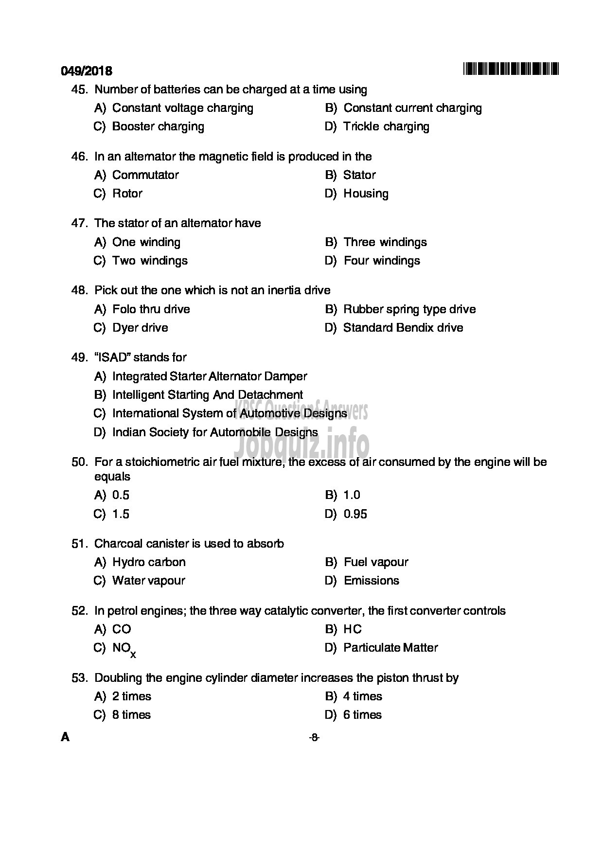 Kerala PSC Question Paper - VOCATIONAL INSTRUCTOR IN MAINTENANCE AND REPAIRS OF AUTOMOBILES VOCATIONAL HIGHER SECONDARY EDUCATION-8