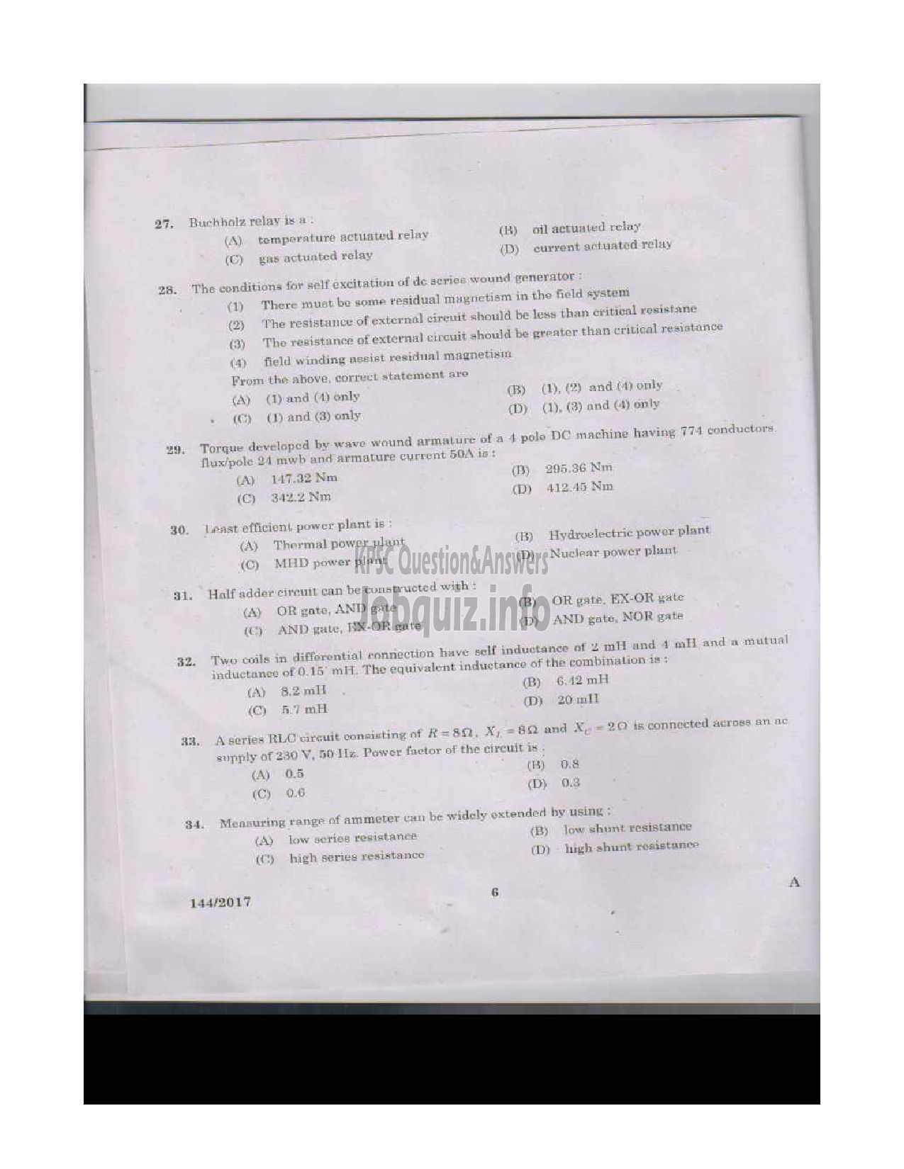 Kerala PSC Question Paper - VOCATIONAL INSTRUCTOR IN MAINTENANCE AND REPAIRS OF DOMESTIC APPLIANCES VOCATIONAL HIGHER SECONDARY EDUCATION DEPARTMENT-5