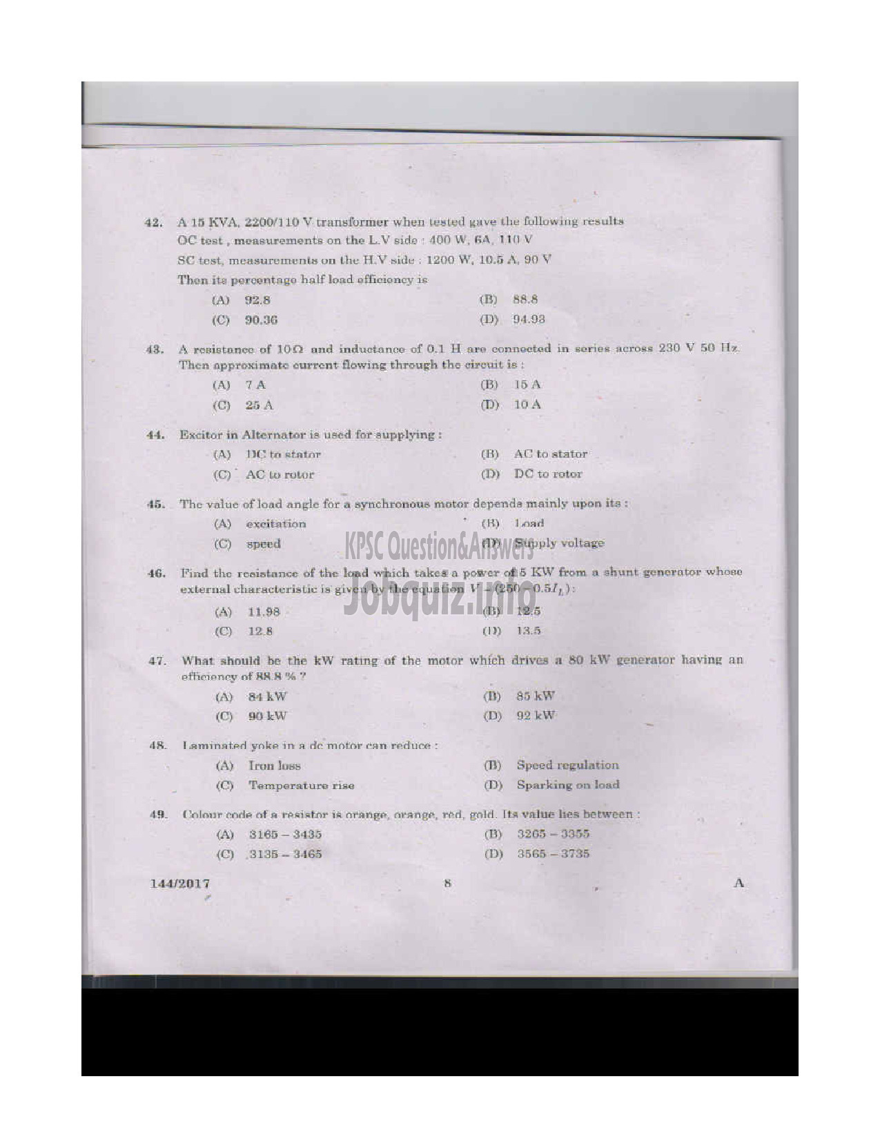 Kerala PSC Question Paper - VOCATIONAL INSTRUCTOR IN MAINTENANCE AND REPAIRS OF DOMESTIC APPLIANCES VOCATIONAL HIGHER SECONDARY EDUCATION DEPARTMENT-7