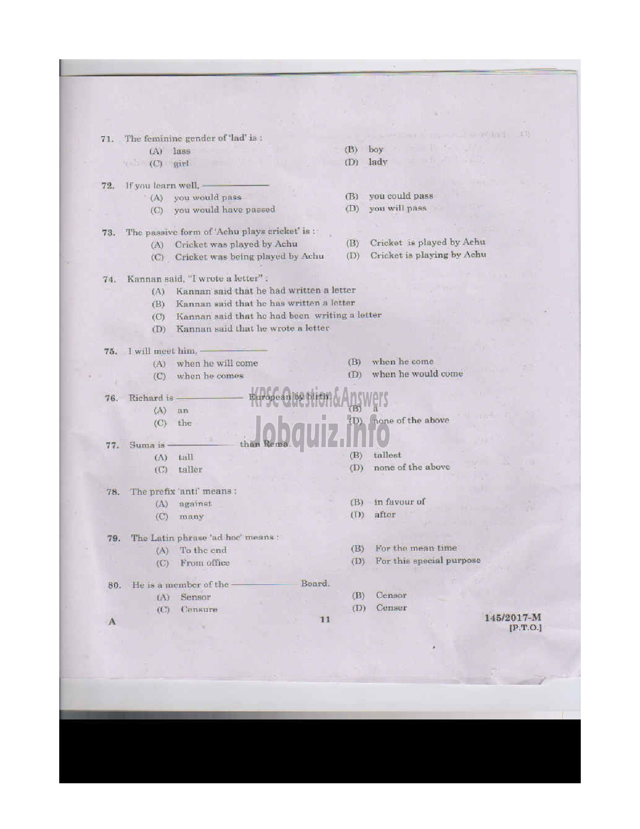 Kerala PSC Question Paper - VOCATIONAL INSTRUCTOR IN MAINTENANCE AND REPAIRS OF TWO WHEELERS AND THREE W HEELERS VHSE-10