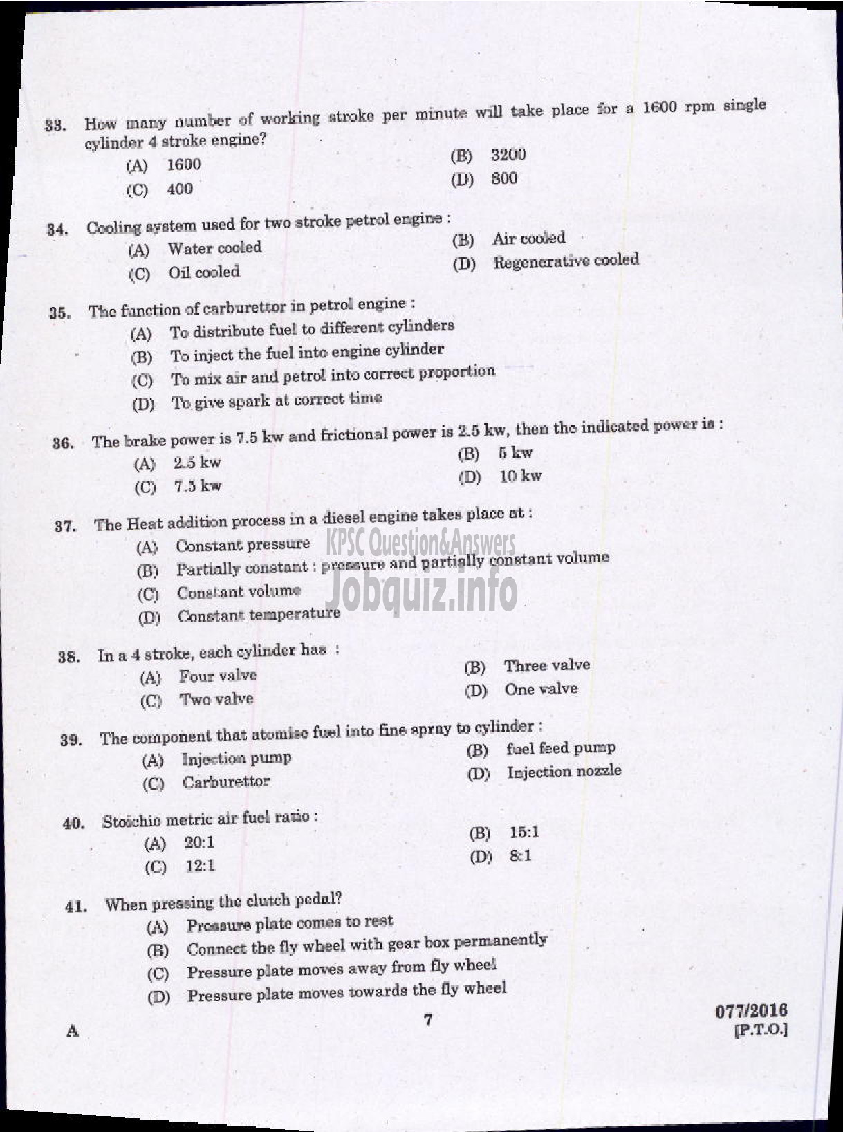 Kerala PSC Question Paper - VOCATIONAL INSTRUCTOR IN MECHANICAL SERVICING AGRO MACHINERY VHSE-5