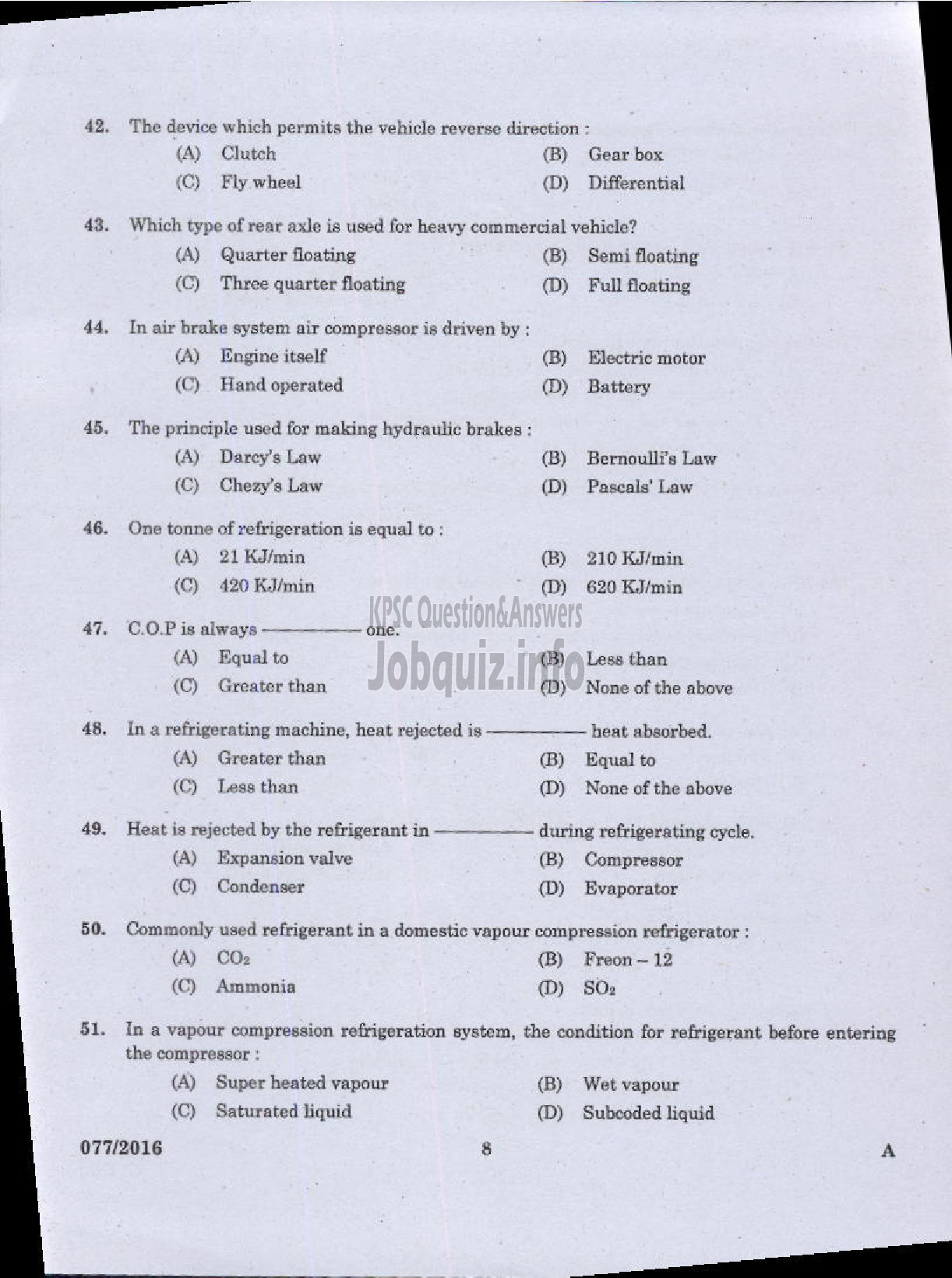 Kerala PSC Question Paper - VOCATIONAL INSTRUCTOR IN MECHANICAL SERVICING AGRO MACHINERY VHSE-6