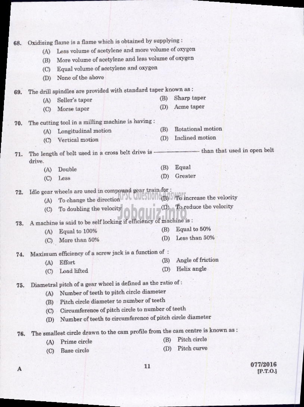 Kerala PSC Question Paper - VOCATIONAL INSTRUCTOR IN MECHANICAL SERVICING AGRO MACHINERY VHSE-9