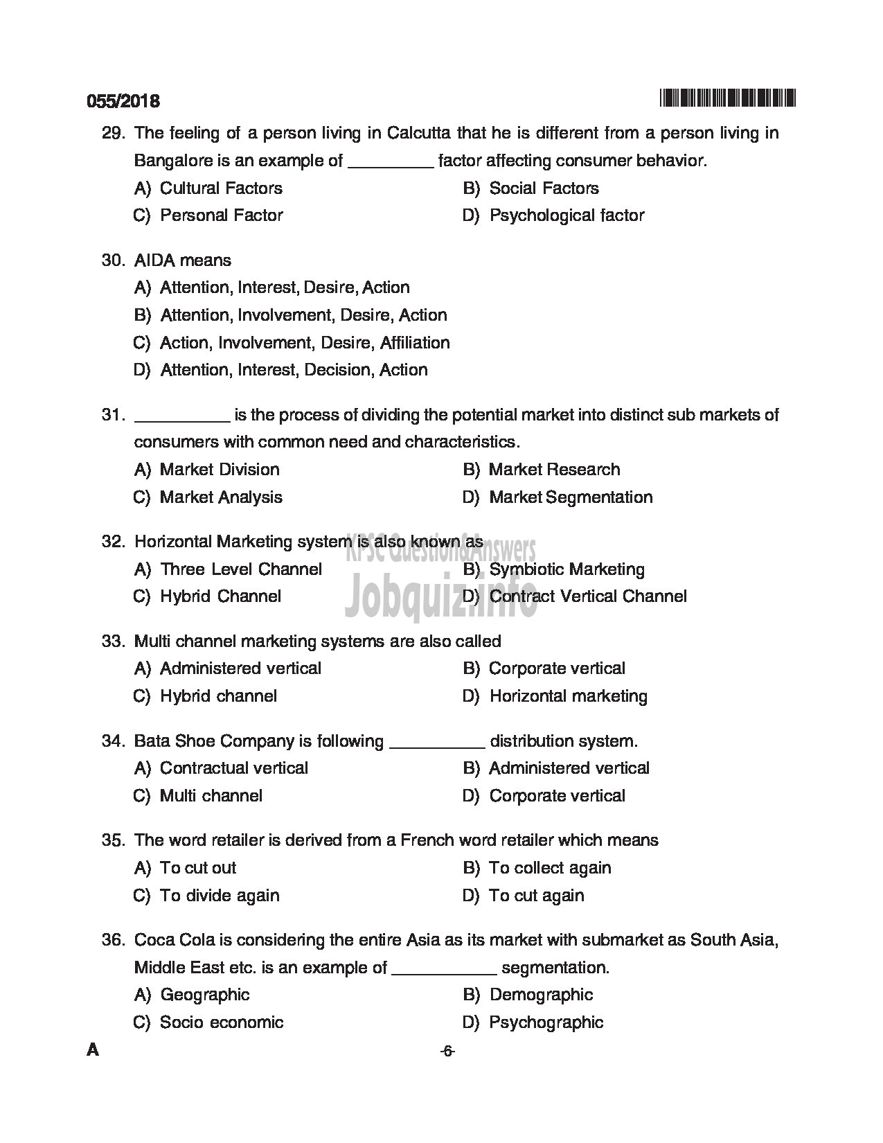 Kerala PSC Question Paper - VOCATIONAL INSTRUCTOR MARKETING AND SALESMANSHIP VHSE-6