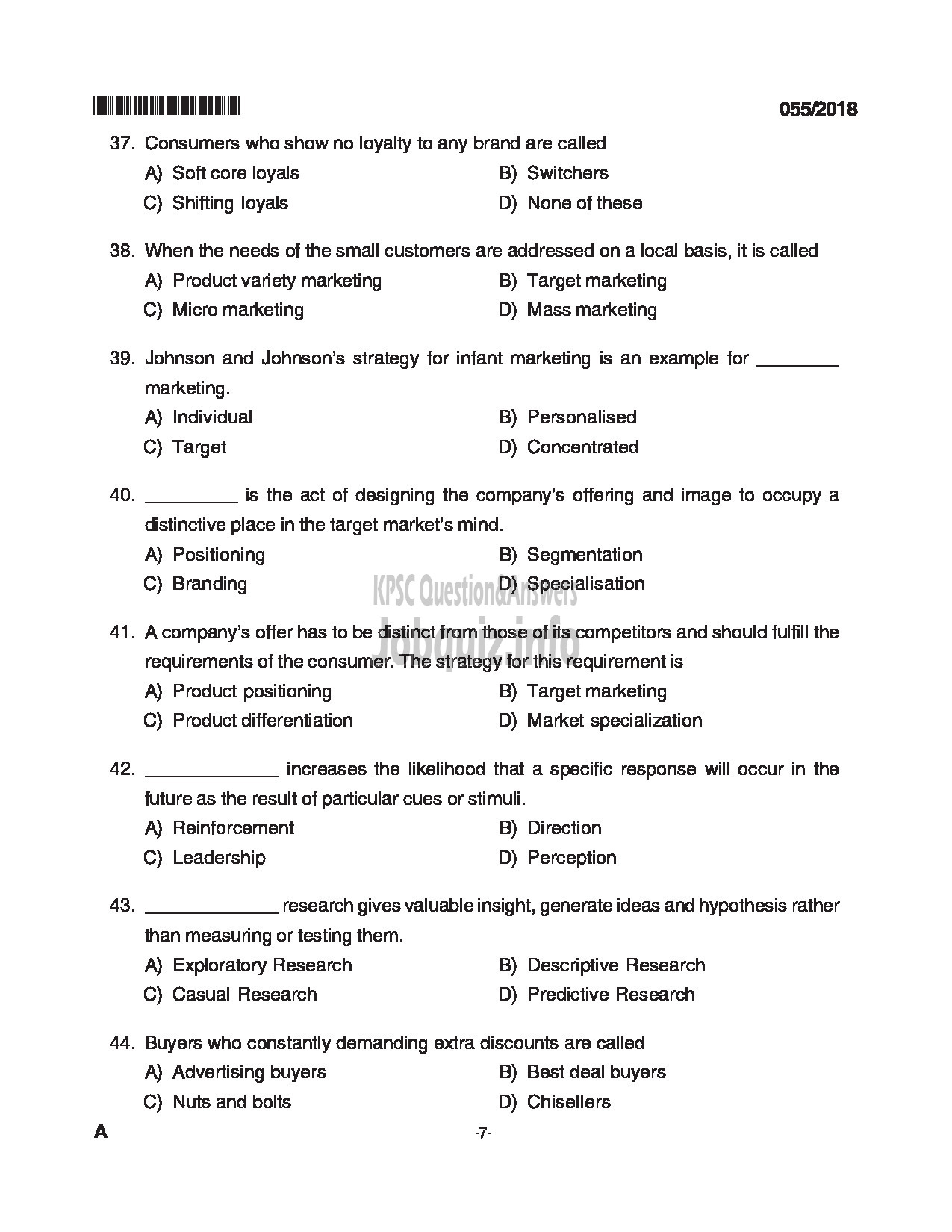 Kerala PSC Question Paper - VOCATIONAL INSTRUCTOR MARKETING AND SALESMANSHIP VHSE-7