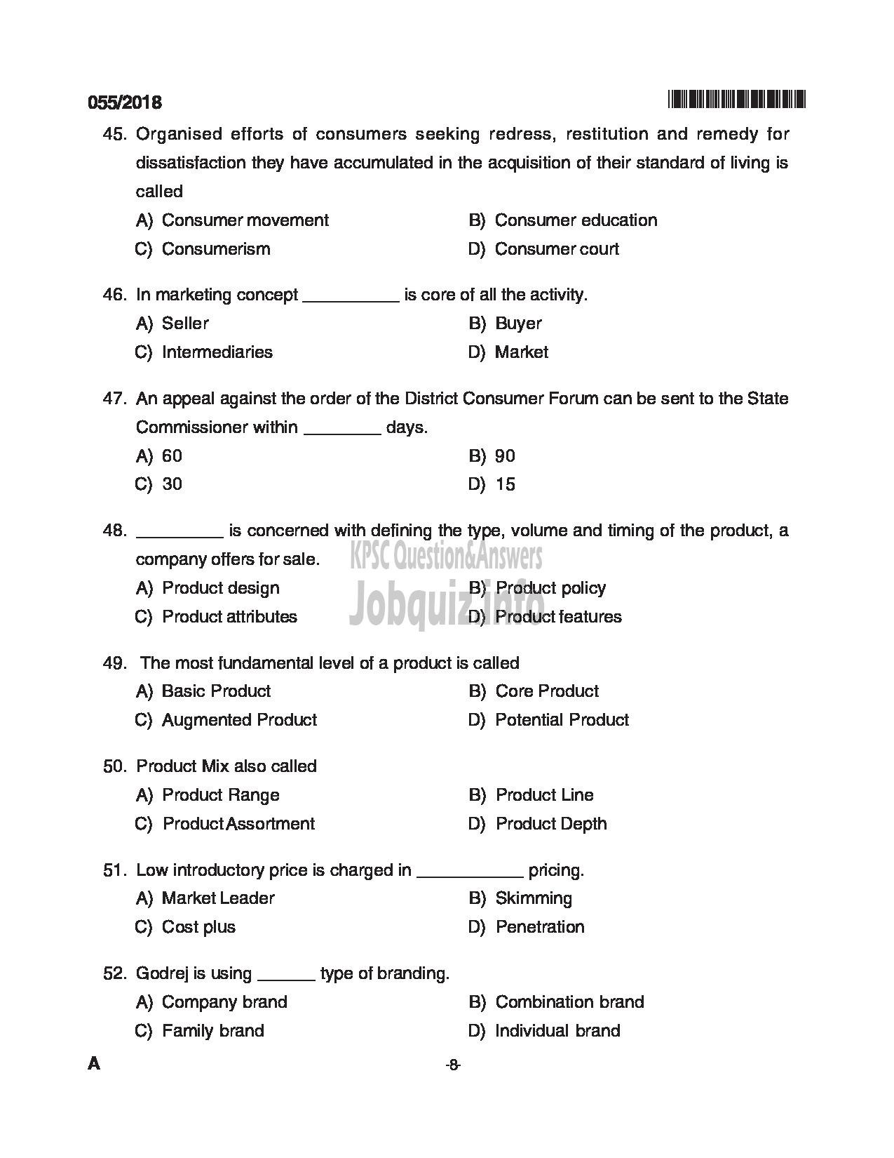 Kerala PSC Question Paper - VOCATIONAL INSTRUCTOR MARKETING AND SALESMANSHIP VHSE-8