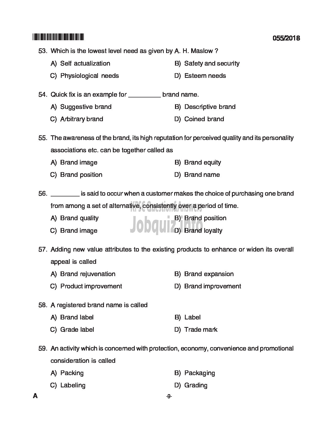 Kerala PSC Question Paper - VOCATIONAL INSTRUCTOR MARKETING AND SALESMANSHIP VHSE-9