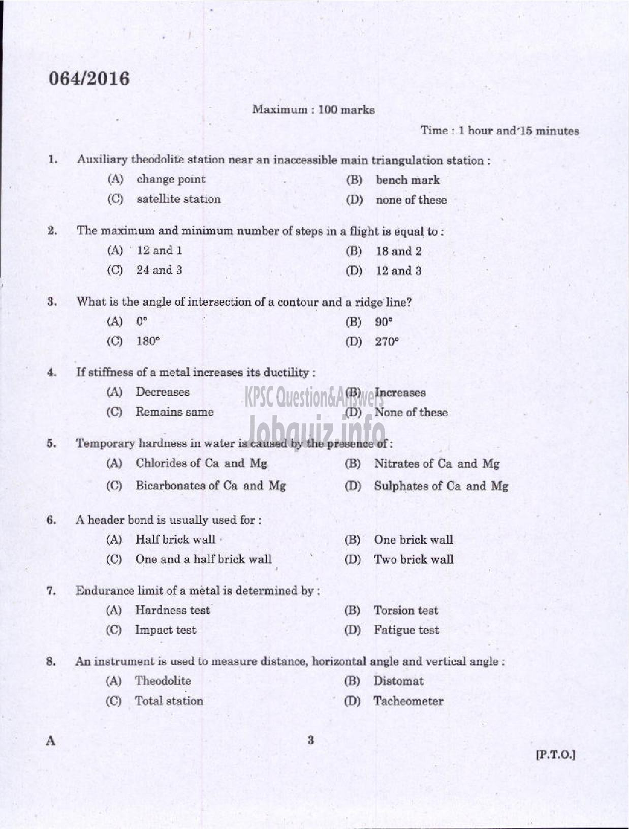 Kerala PSC Question Paper - VOCATIONAL TEACHER CIVIL CONSTRUCTION AND MAINTENANCE VHSE-1