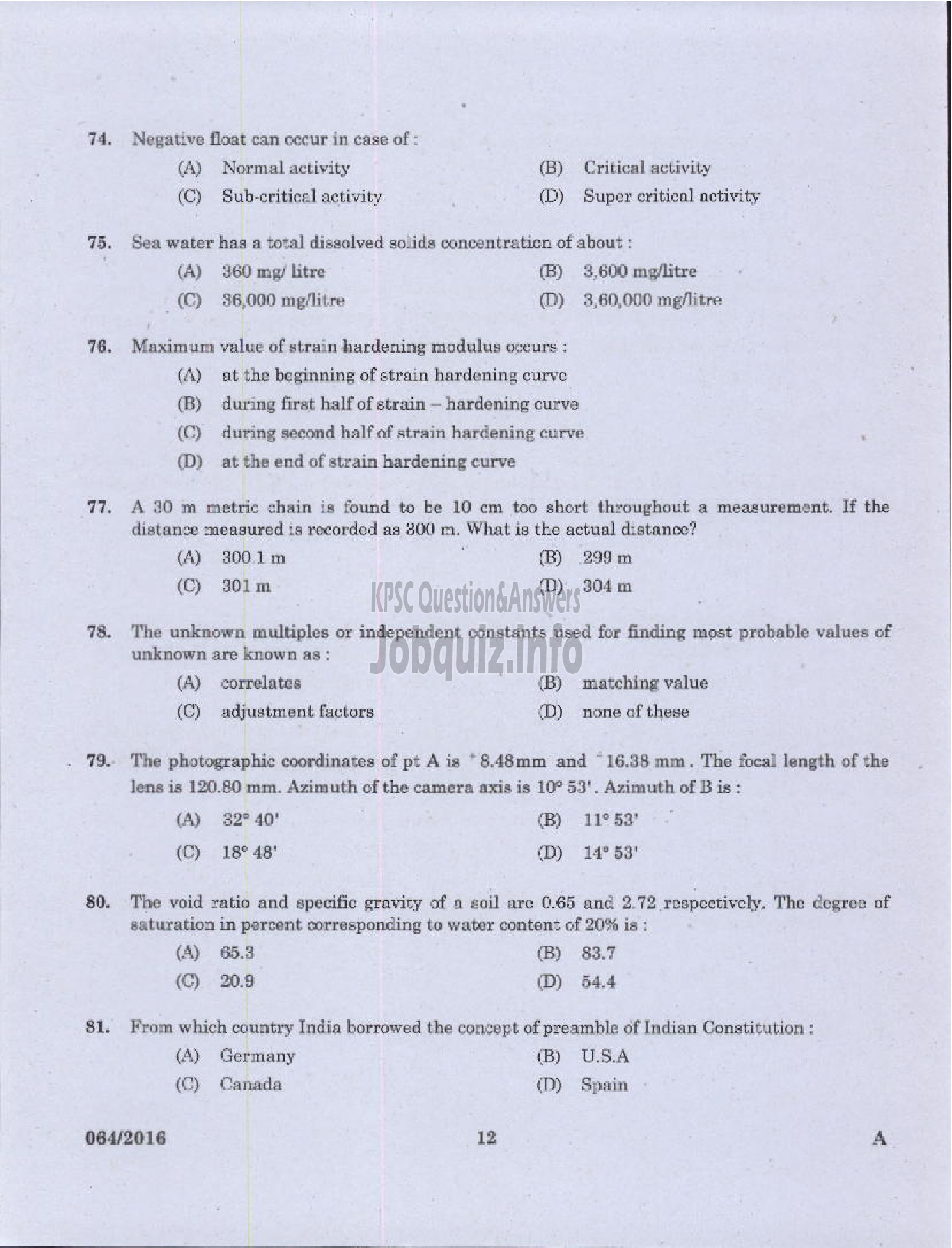 Kerala PSC Question Paper - VOCATIONAL TEACHER CIVIL CONSTRUCTION AND MAINTENANCE VHSE-10